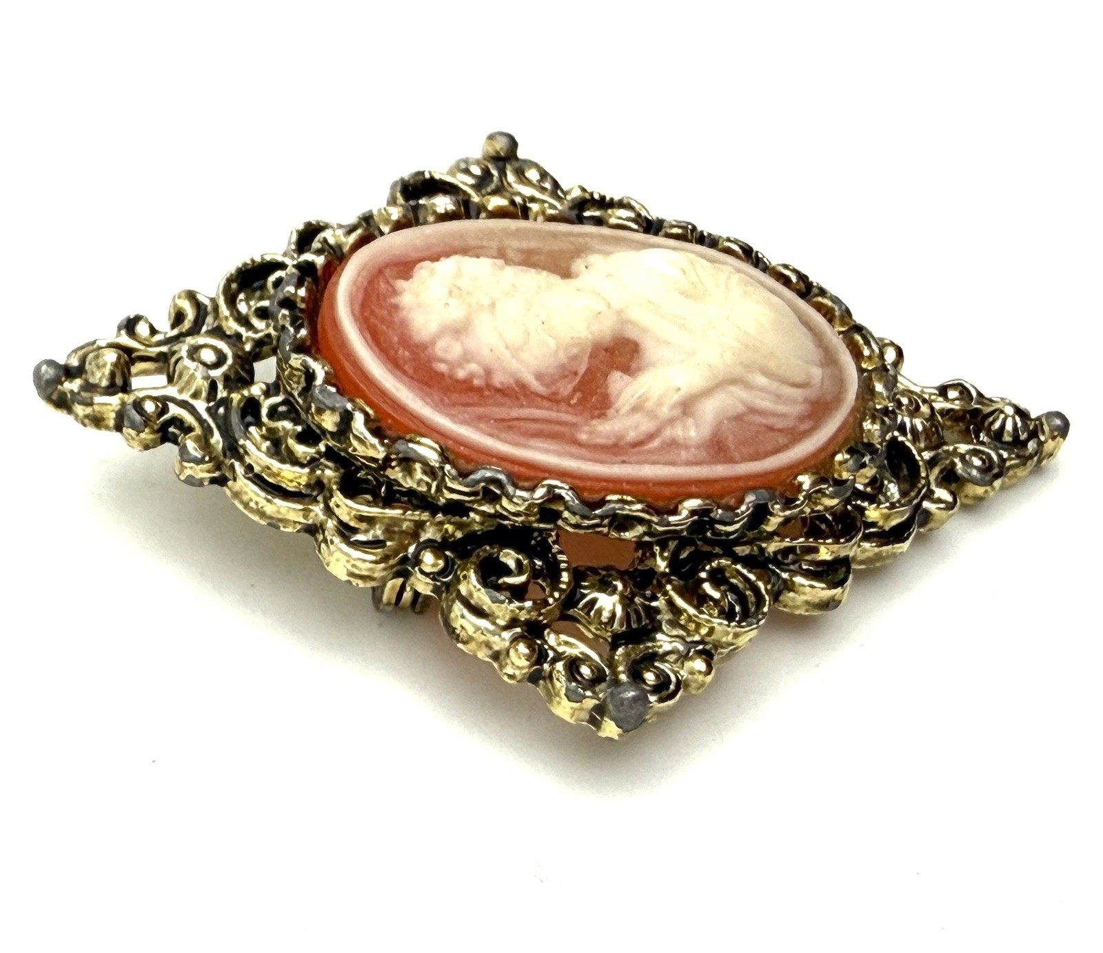Gerry’s Vintage Cameo Brooch Pin Gold Tone Orange Cream Woman Holding Bird 2″ *