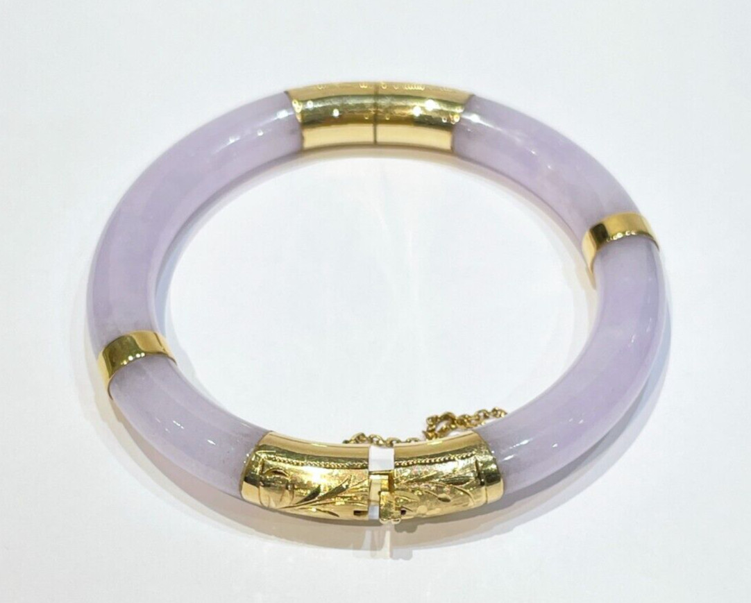 Vintage Lavender Jade Hinged 14k Yellow Gold Bangle Bracelet 8.4 mm 7″ inch