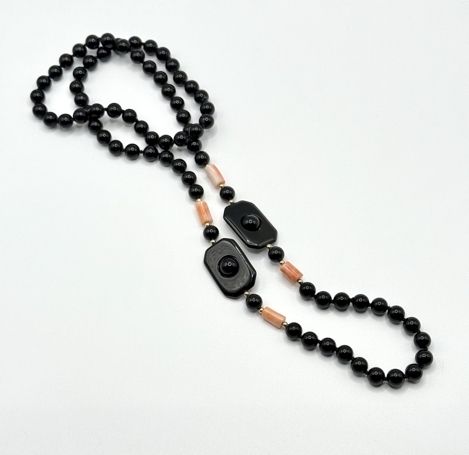 Vtg Black Onyx Pink Angel Skin Coral Necklace Chunky Statement Deco Geometric