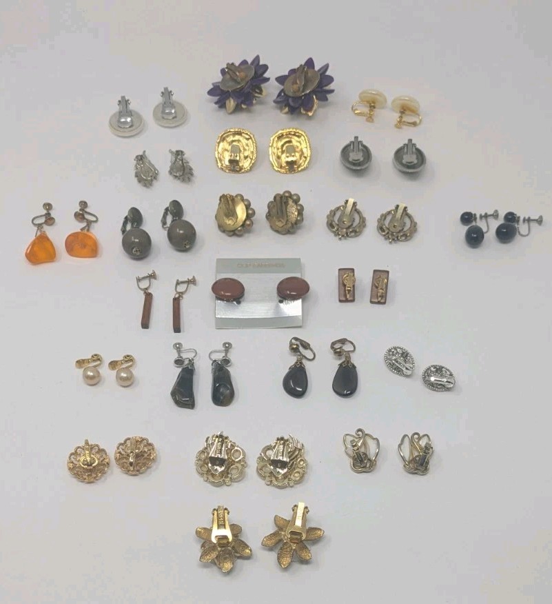 Vintage Lot Clip Screwback Earrings 22 Pair Hobe Trifari Lisner Avon Unbranded