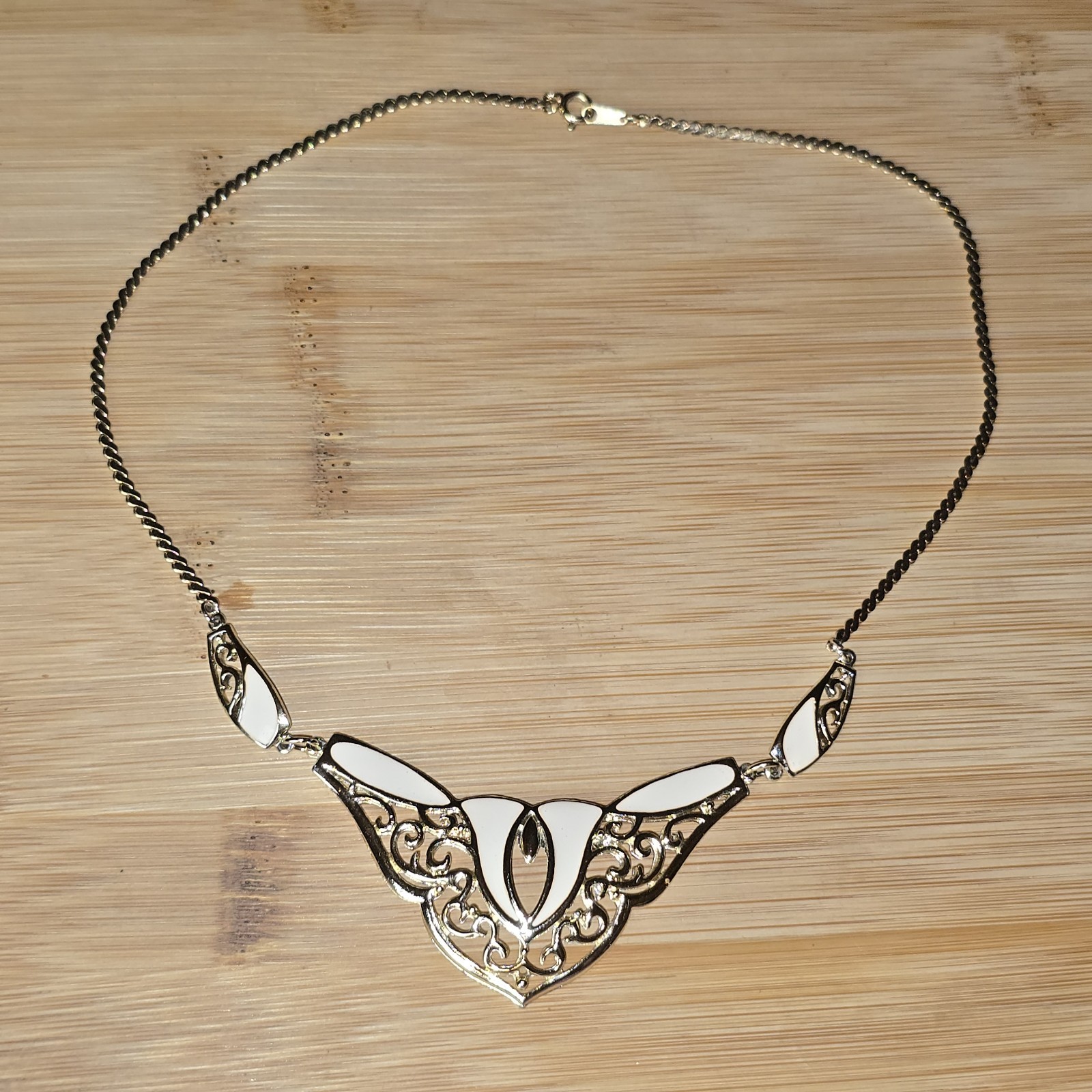 Vintage DeMilo Ivory Enamel Filigree Bib Necklace Statement Collar Art Nouveau