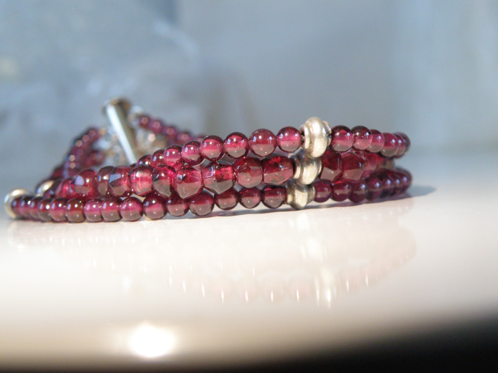Vintage Sterling Silver 925 Bohomian Pink Red Garnet Station Bracelet 7.5″