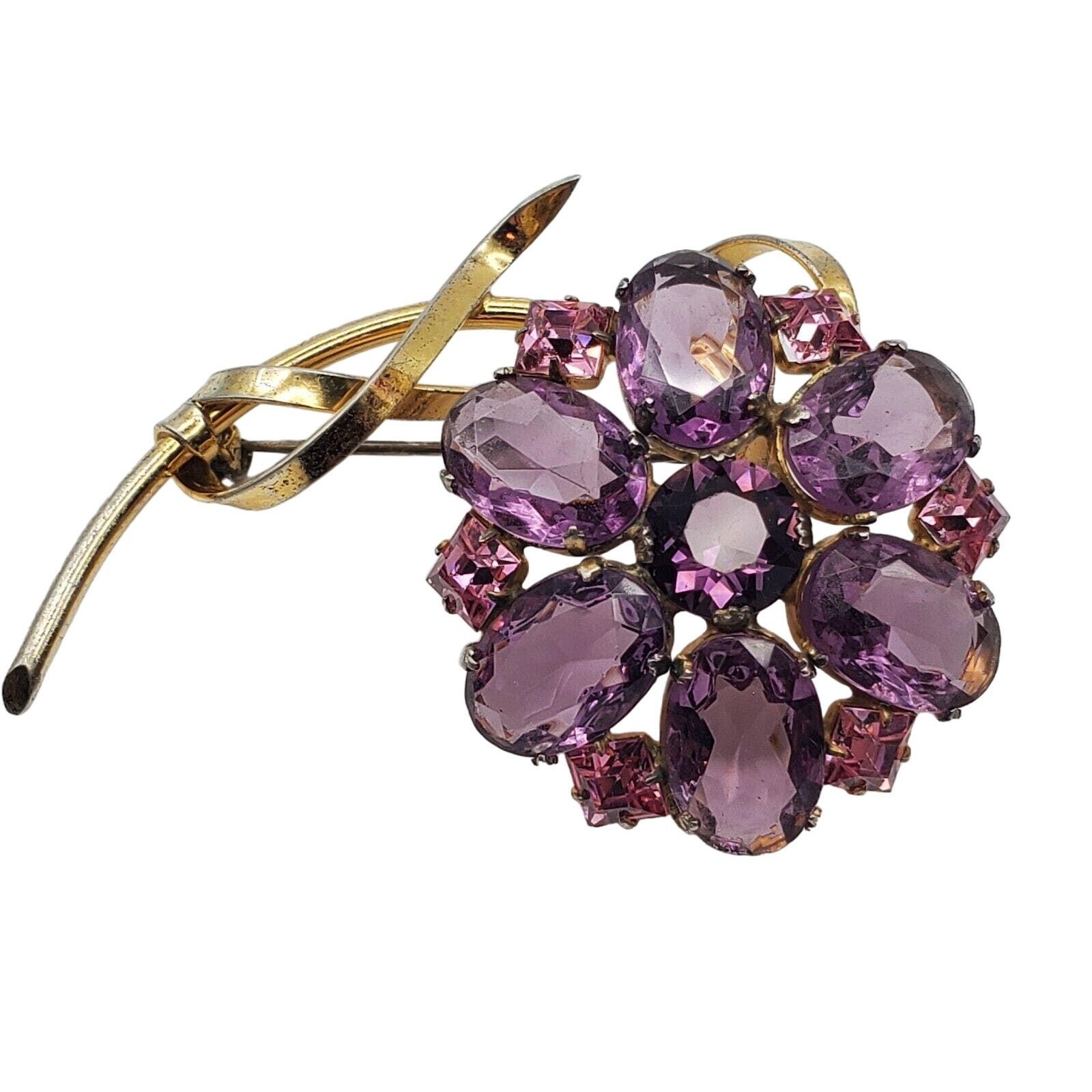 Flower Brooch Gold Vermeil Sterling Silver Pin Purple Glass Pink Rhinestone 40s