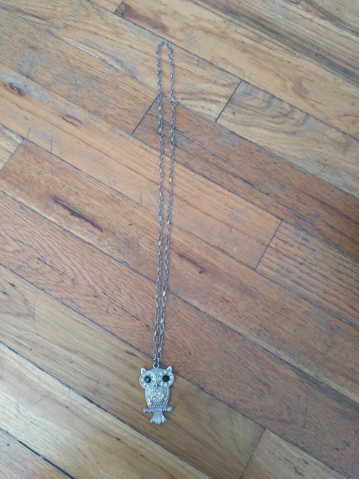 Owl Pendant Necklace Silver Tone Rhinestones 26 Inches Vintage