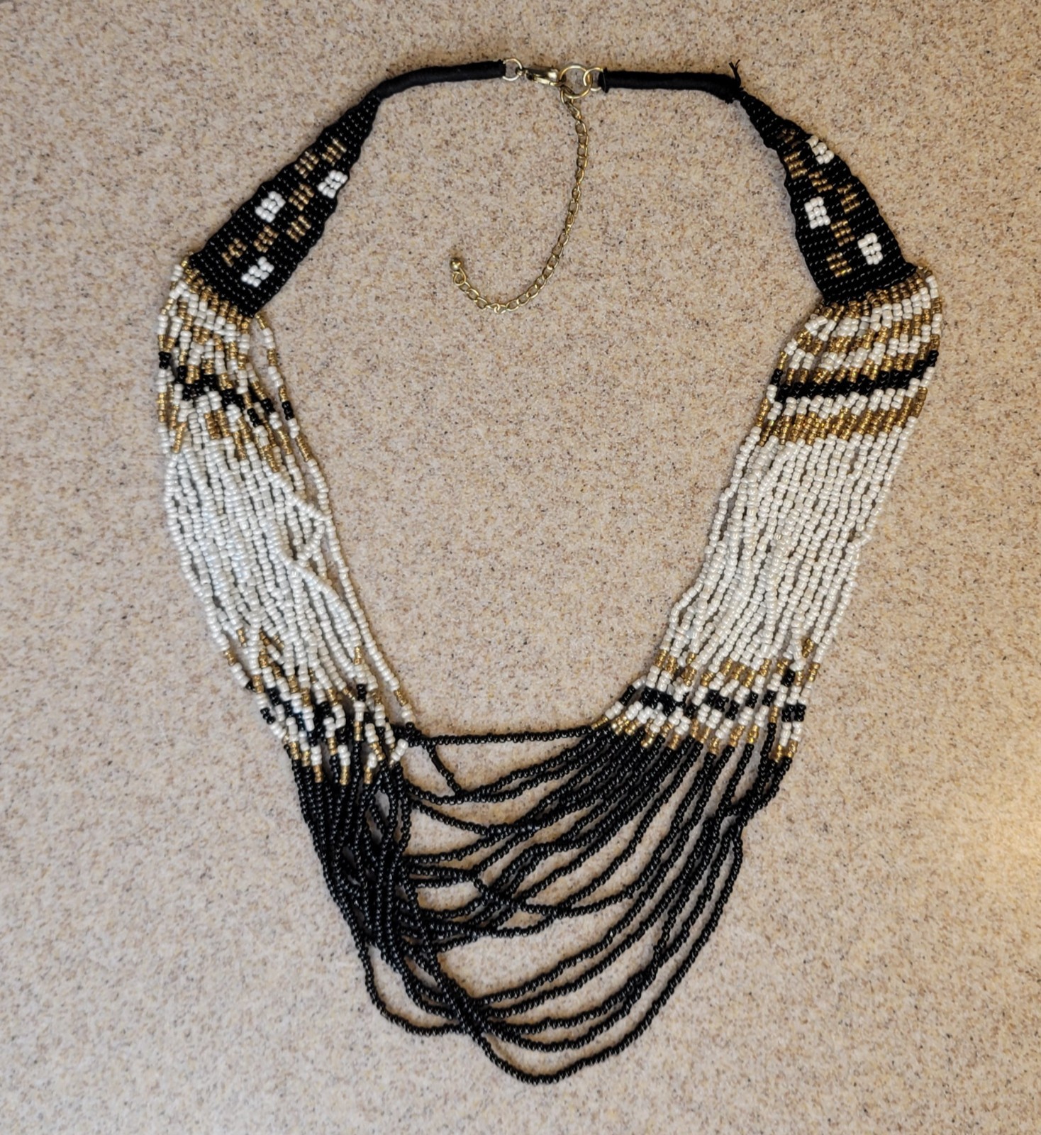 Vintage 16 Strand Black White Gold Seed Beads 22in Beaded Necklace 3in Extender