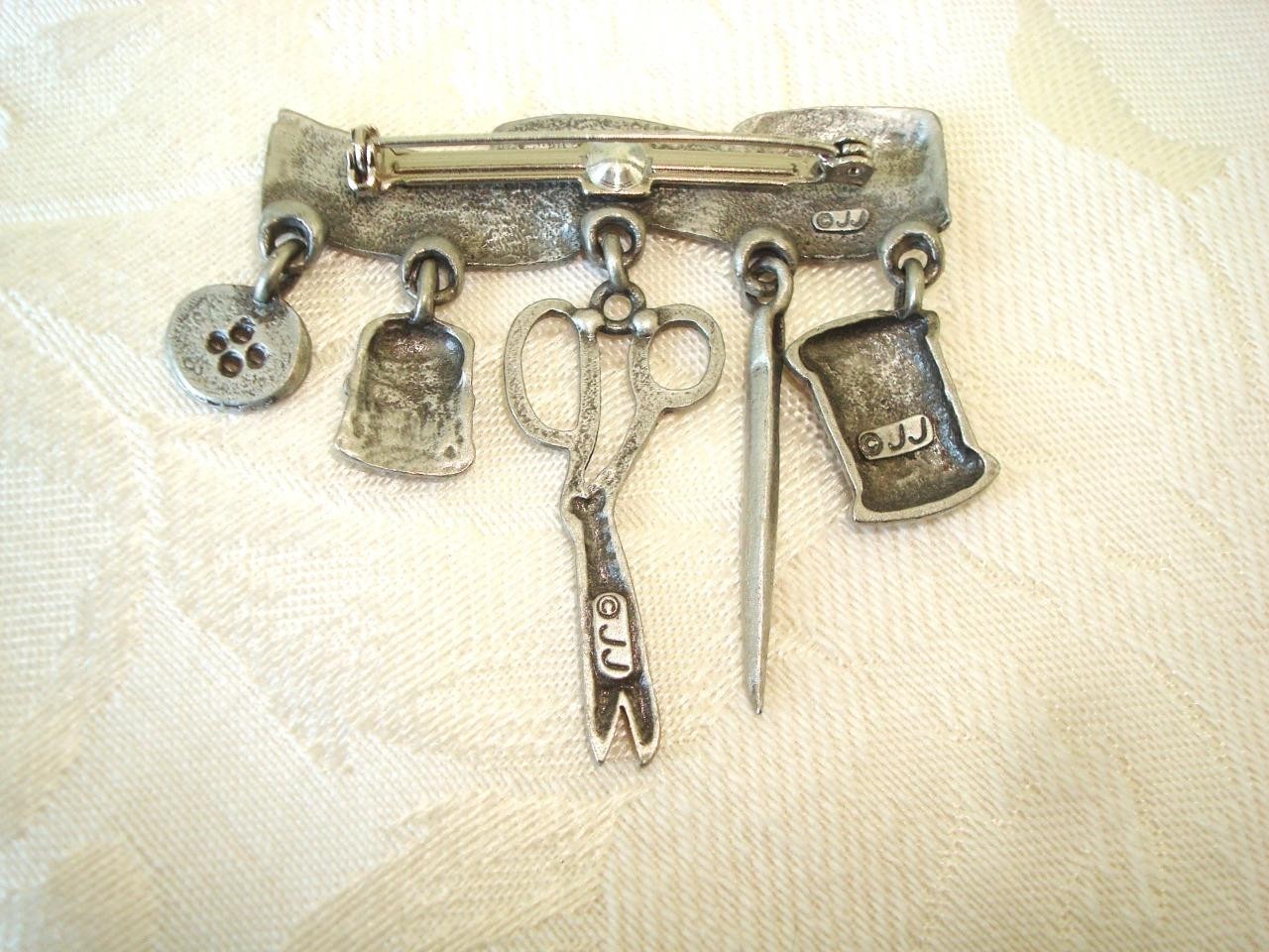 Vintage JJ Jonette Pewter Tape Measure Brooch Thimble Needle Thread Etc. Charms