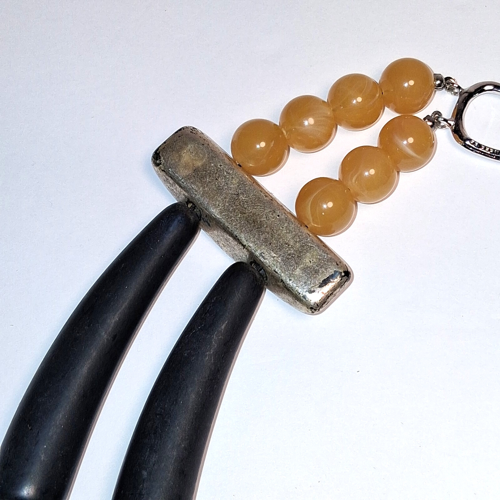 Vintage Les Bernard Double Strand Faux Horn Runway Necklace Black & Amber Resin