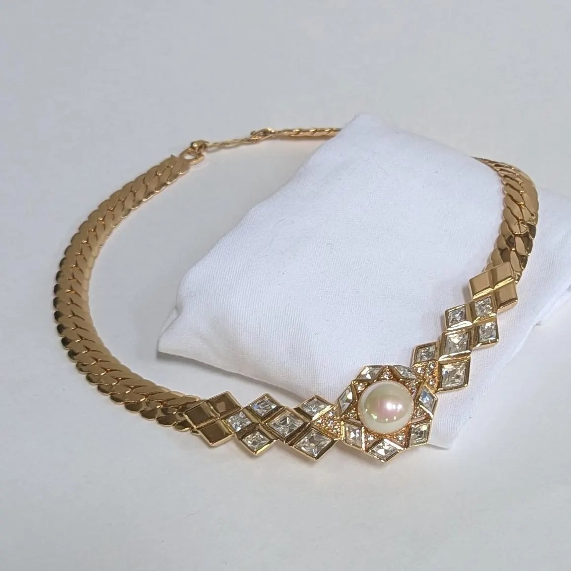 Vintage Christian Dior Pearl Crystal Collar Necklace Signed C Dior 1980s Choker