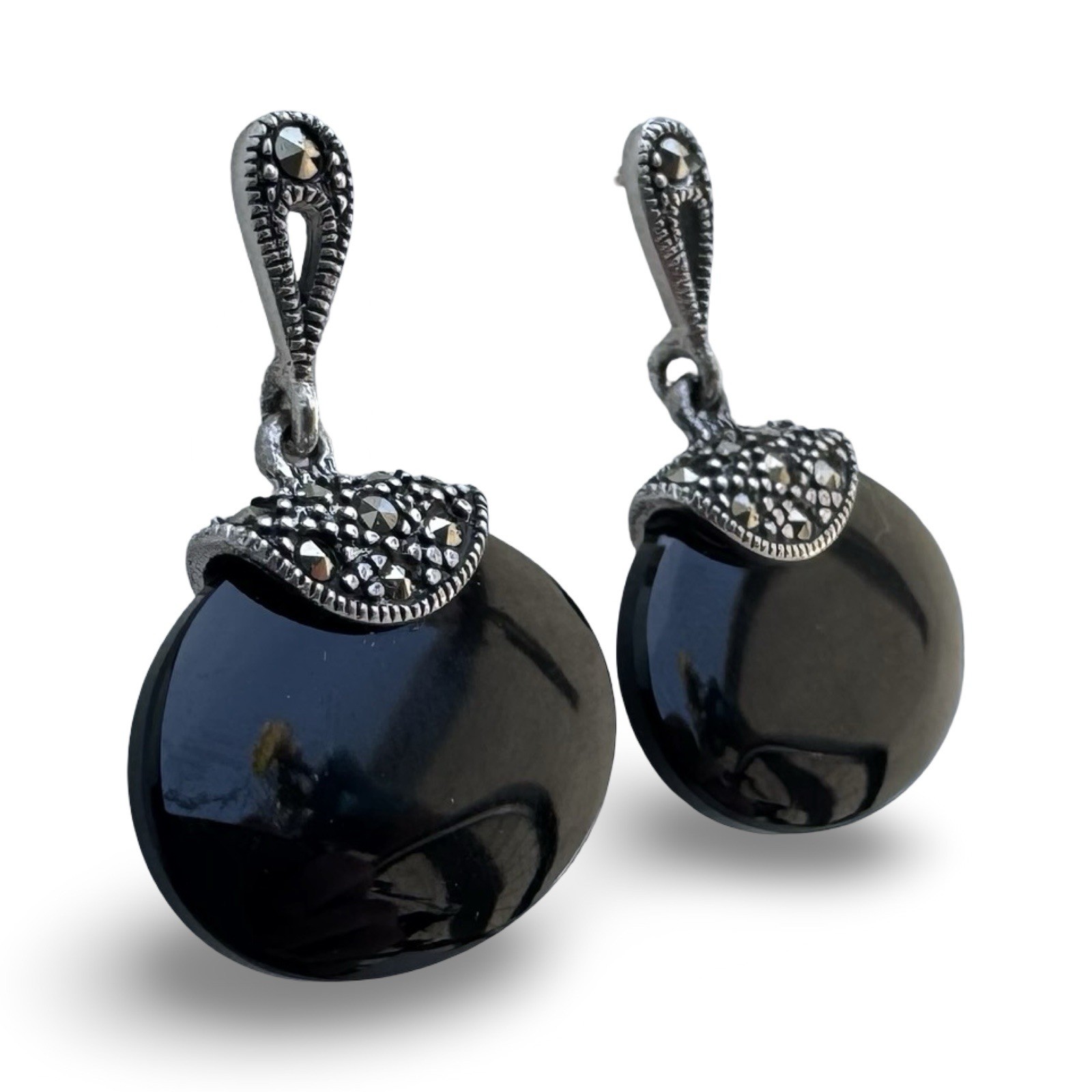 Vintage 925 Sterling Silver Black Onyx Marcasite Dangle Earrings Signed R