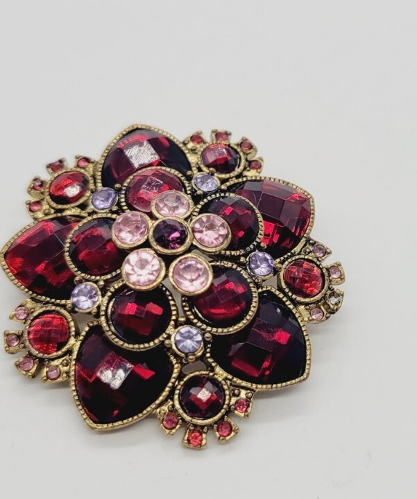 Flower Brooch Pin PURPLE pink Red Gold tone 1.75 in 3D Art Deco Vintage