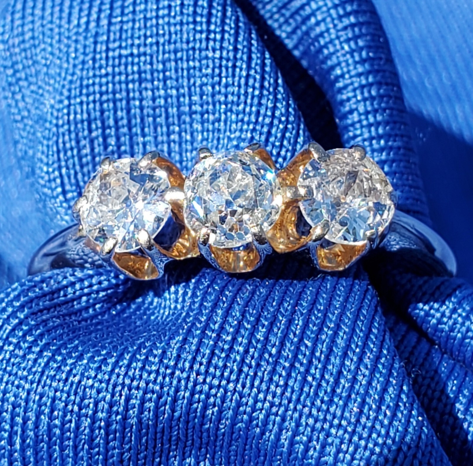 Original EARTH MINED DIAMOND 3 stone Deco Anniversary Wedding Ring Antique Band