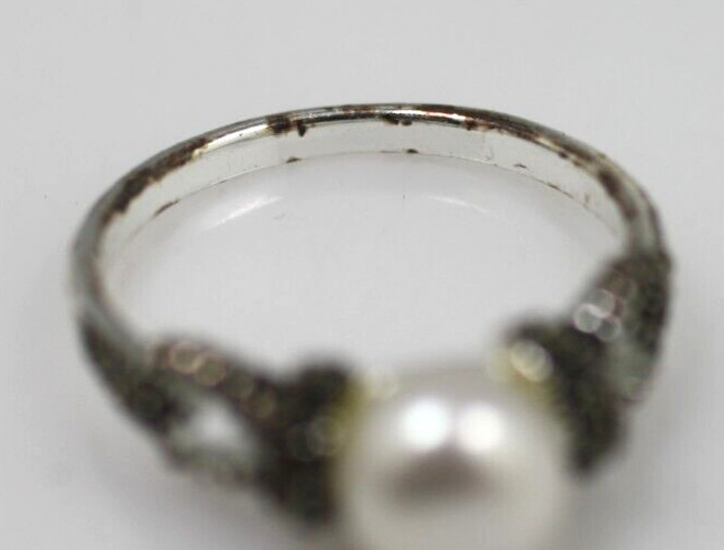 925 Sterling Silver white cultured pearl & marcasite CW Ring size 7 1/2