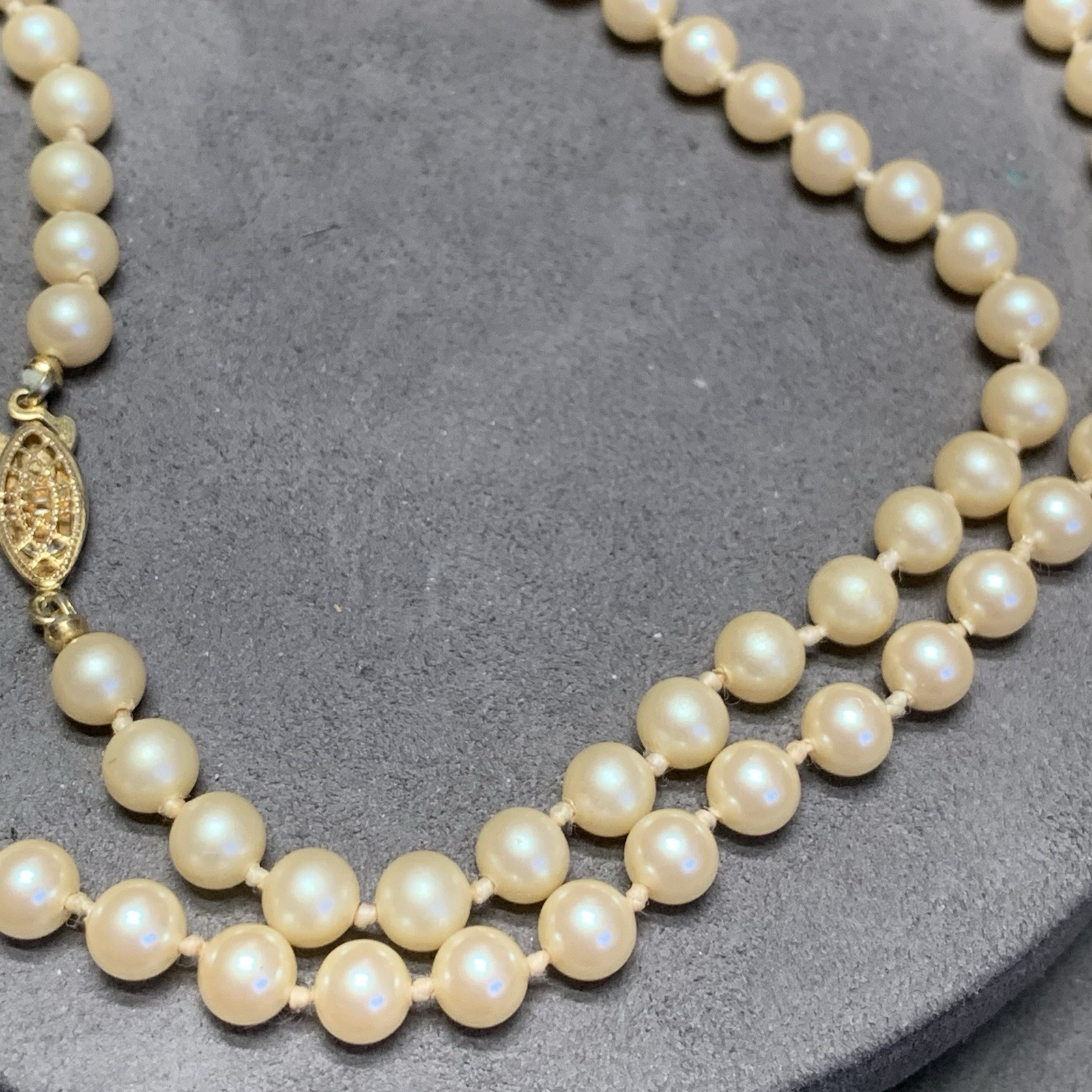 Vintage Hand Strung Faux Pearl Necklace 24”, Gold Tone Fish Hook Clasp Japan