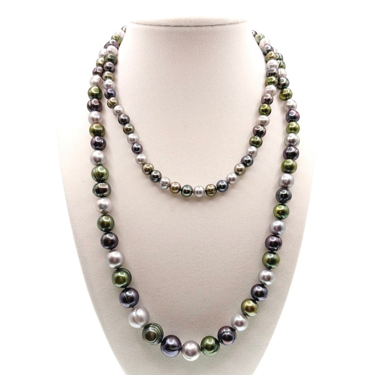 Vintage Tricolor Freshwater Pearl Green Purple White Long Necklace 34”