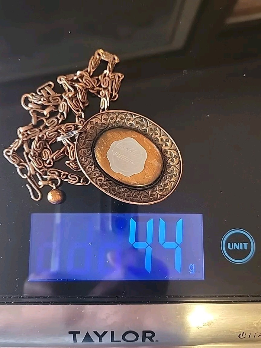 Vintage Genuine Copper 22″ Paper Link Chain Necklace Stone Resin Pendant 44G