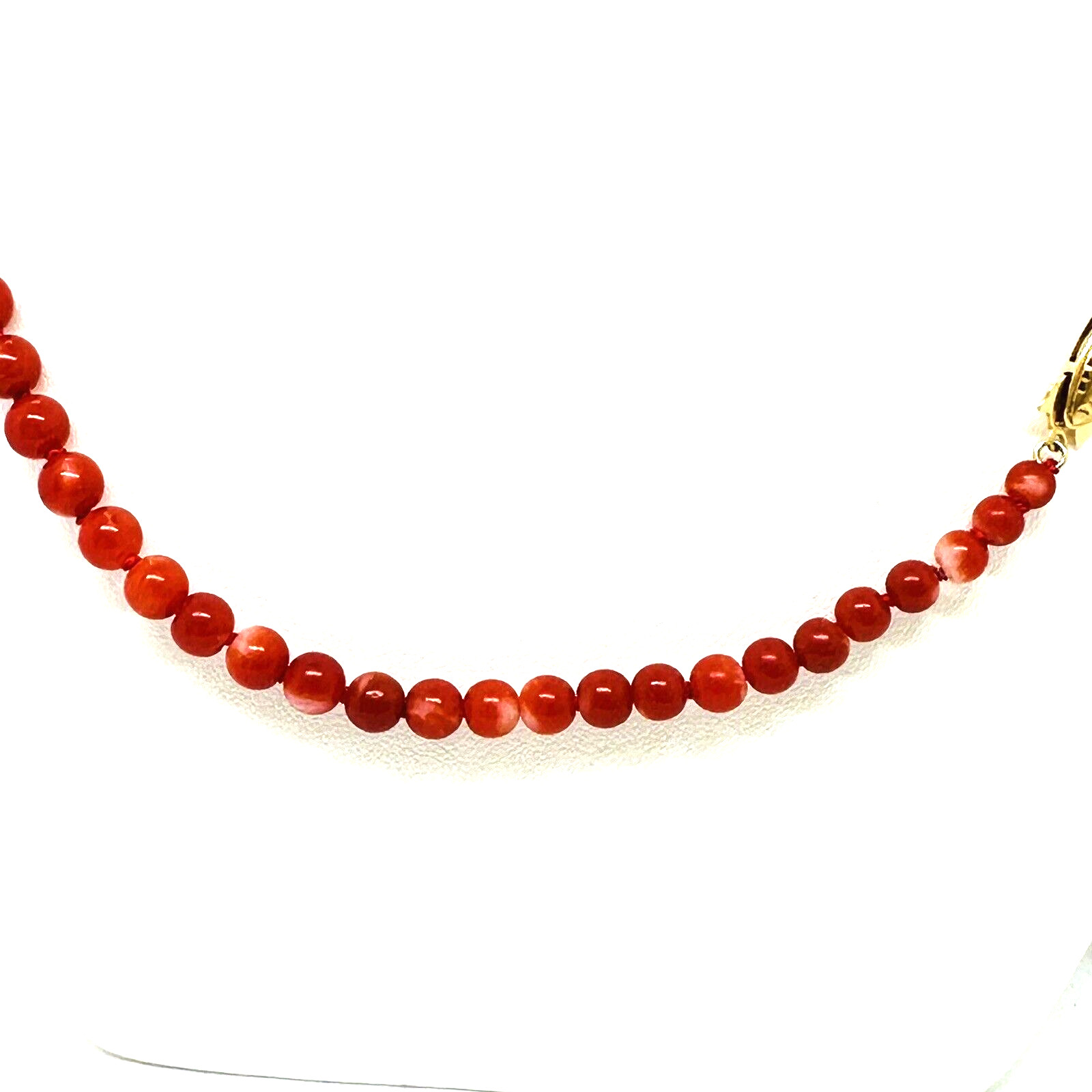 Natural Red Coral 9 mm x 4 mm Strand 18k Yellow Gold Necklace 17.5″