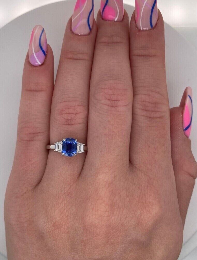 Cushion Cut Sapphire & Lab Created Diamond Three-Stone Wedding 925 Silver Ring