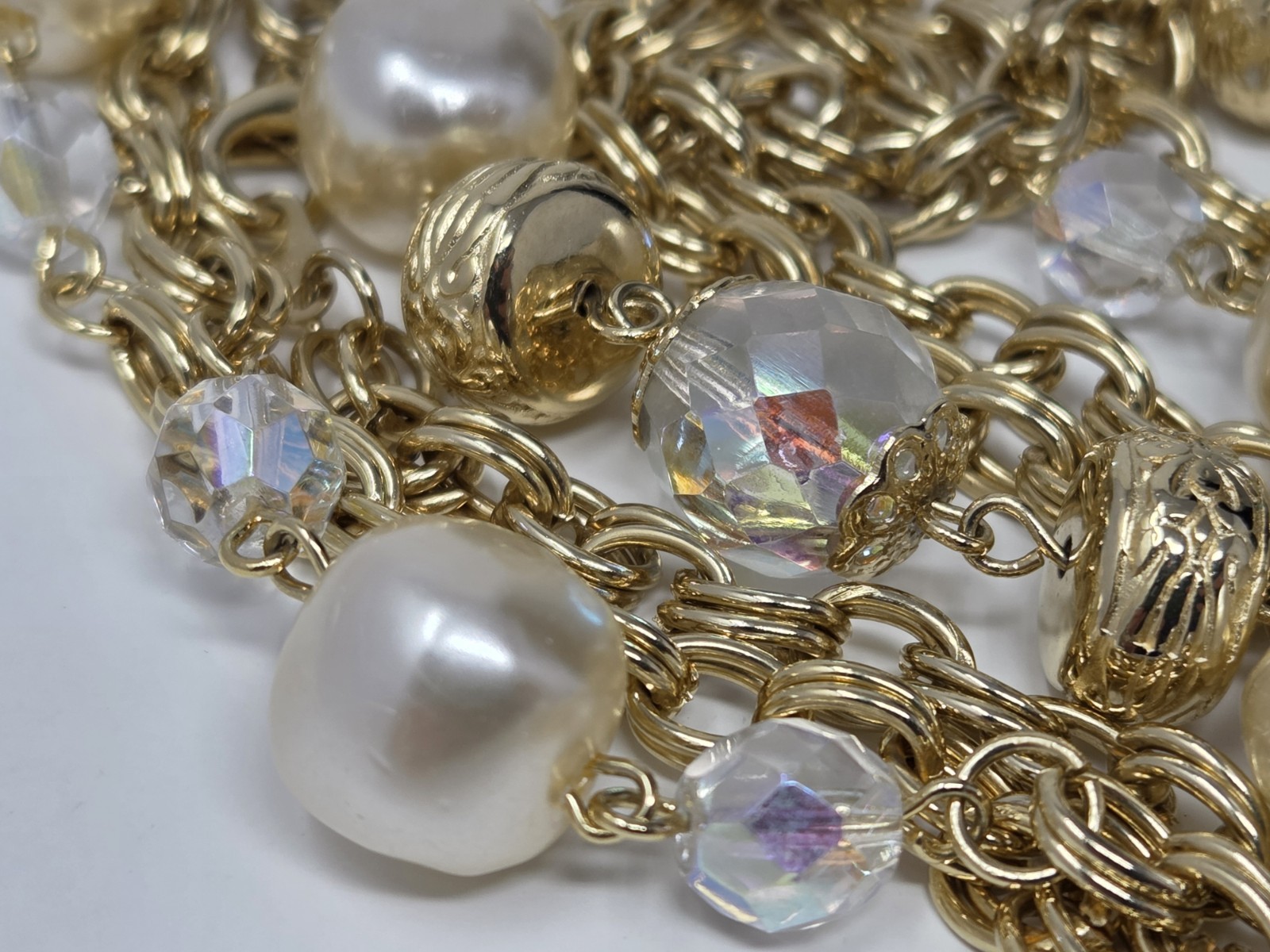 Gold Tone AB Crystal & Faux Pearl Chain Necklace 60 Inches Long Vintage