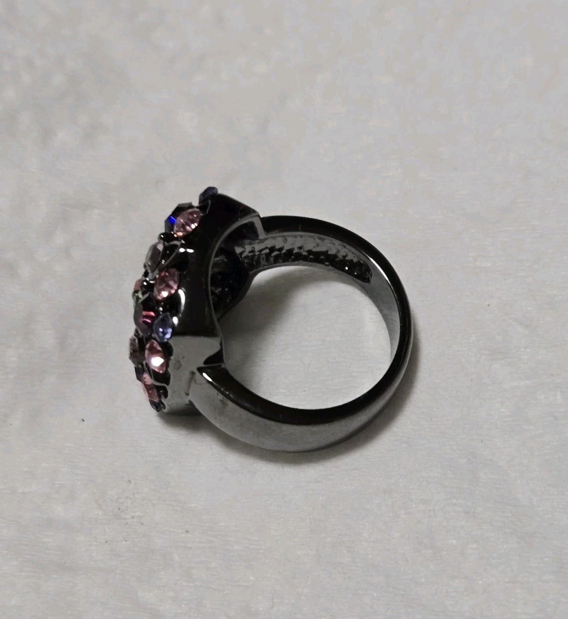 Gunmetal Pink Purple Colorful Rhinestones Ring Size 6.75″