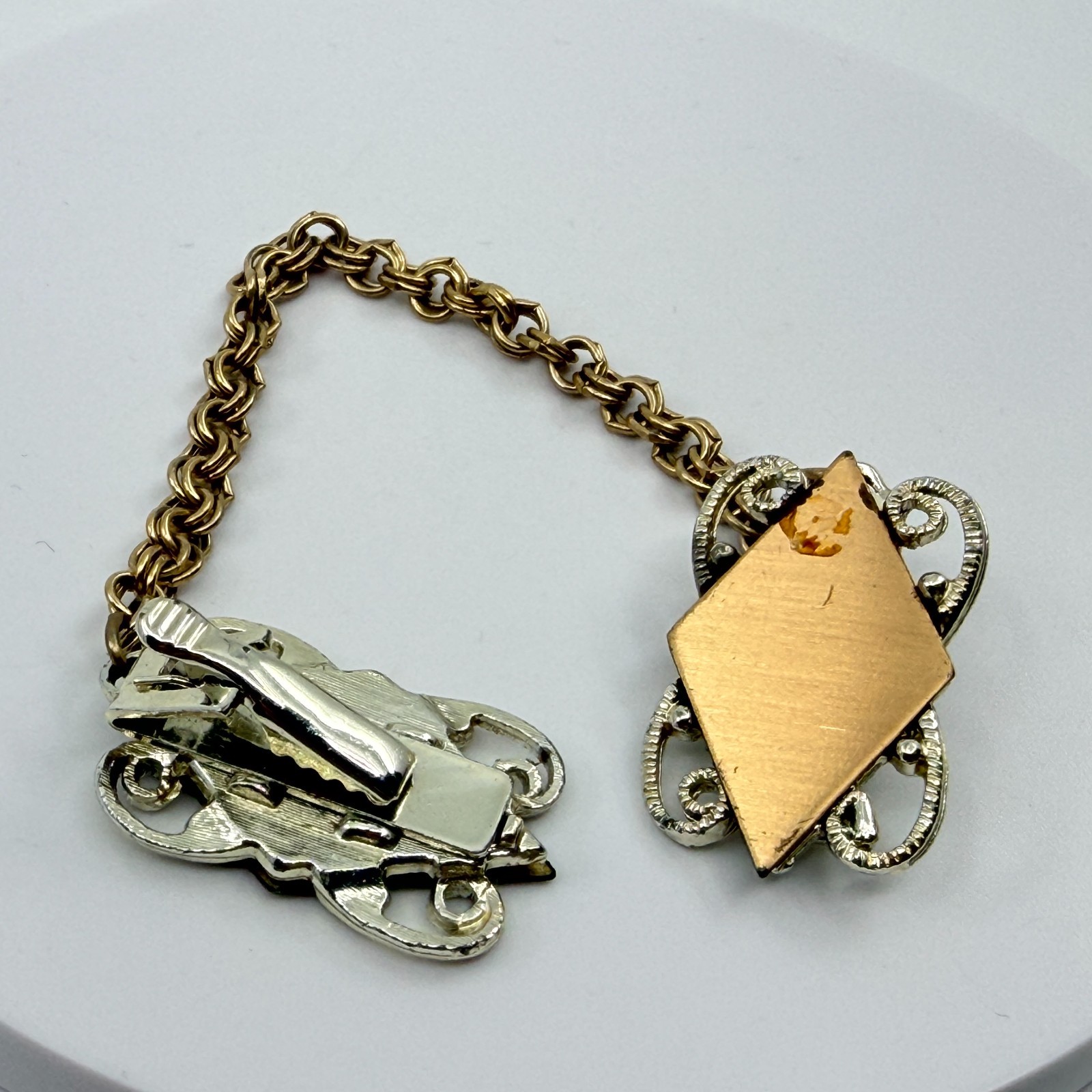Vintage Mid-Century Two Tone Geometric Lozenge Sweater Guard Cardigan Clip Chain