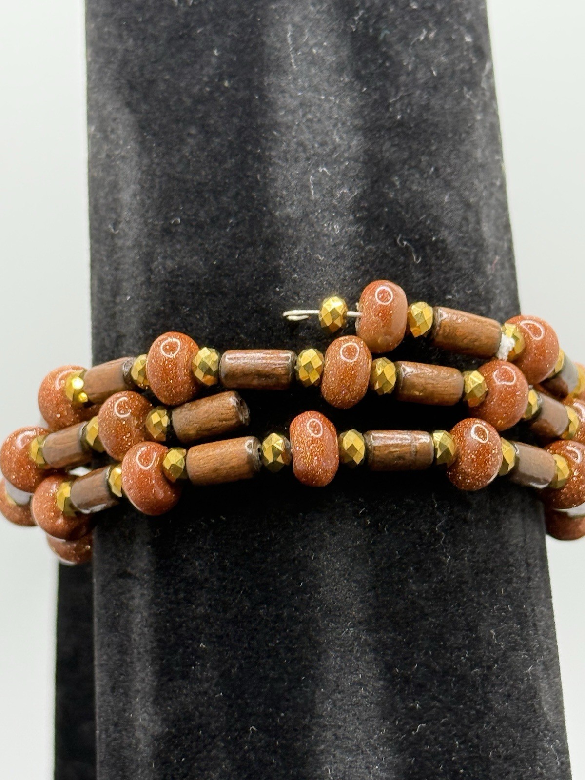 Vintage Bracelet Wood Goldstone Gemstone Wired Wrap Multi-strand Bohemian Boho