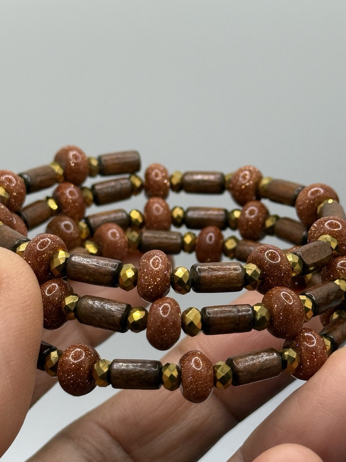 Vintage Bracelet Wood Goldstone Gemstone Wired Wrap Multi-strand Bohemian Boho