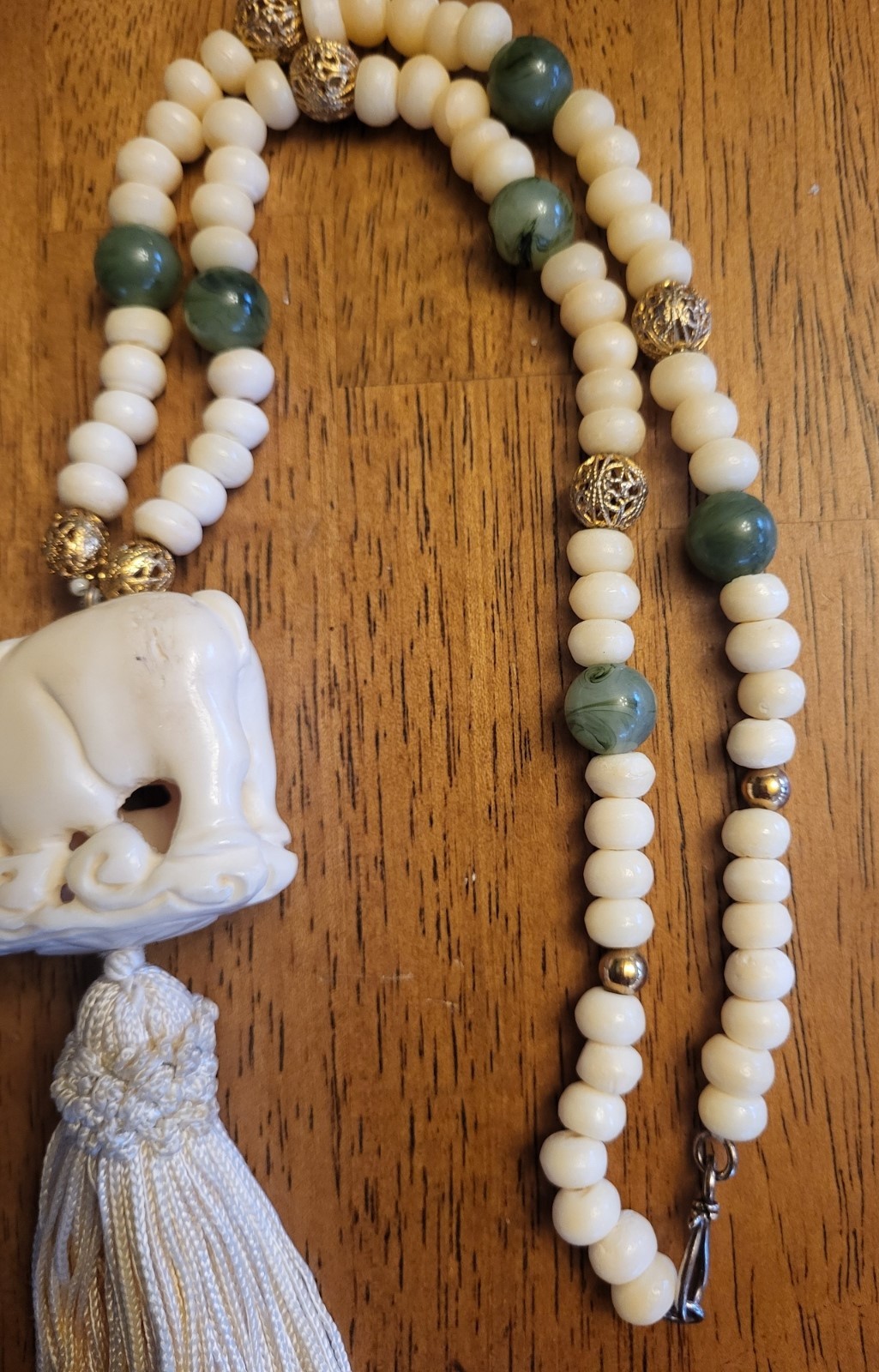 Vintage Ox & Calf Celluloid Netsuke Bead Tassel Necklace 22 Inches 5.5 Inch Drop