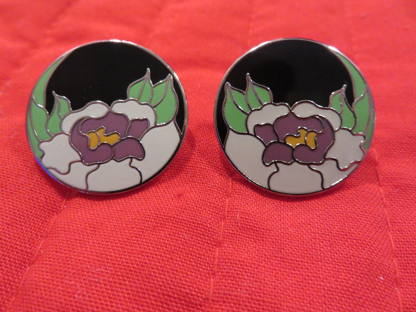 Vintage Signed Laurel Burch Enameled Garden Rose Earrings Purple Green White