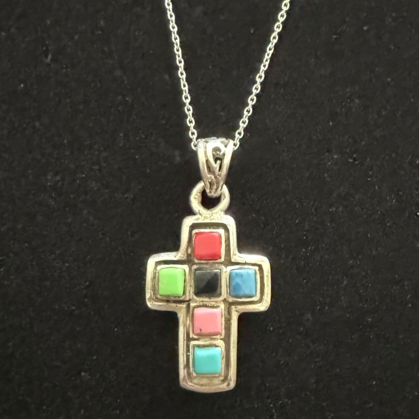 Vintage Cross Pendant Necklace Sterling Silver Turquoise Colorful Rainbow Stones