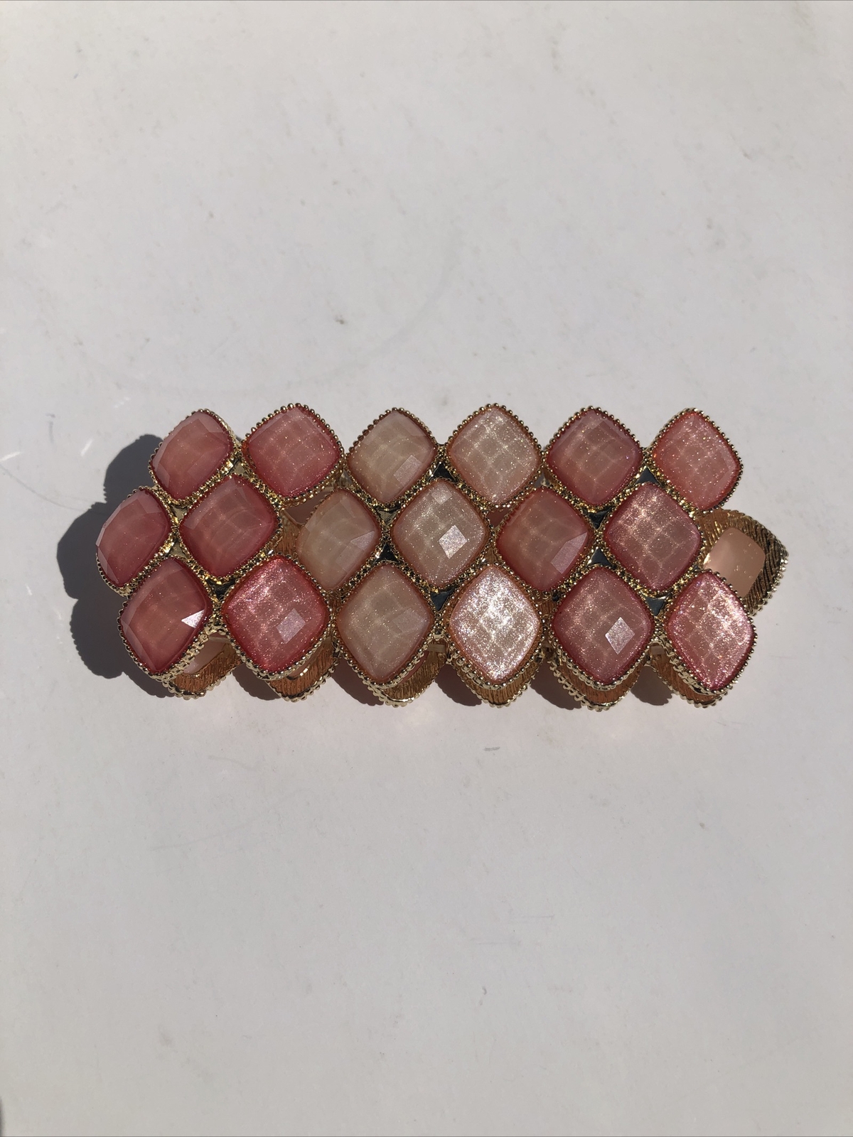 Pink Stone Stretch Cuff Bracelet Gold Tone Statement Piece Costume Jewelry