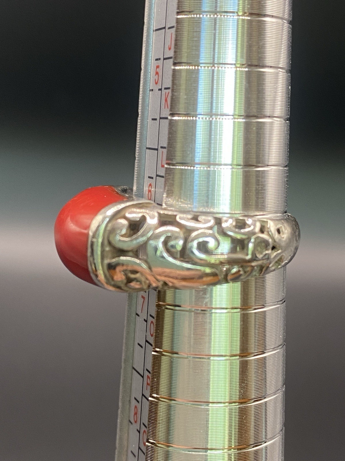 Sterling Silver Filigree Ring Red Coral Oval Cabochon Bezel Set Band 4mm .