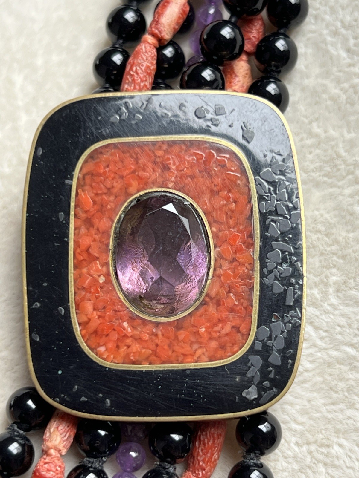Vintage Celia Sebiri Black Agate Coral Amethyst Multi Strand Long Necklace 28”