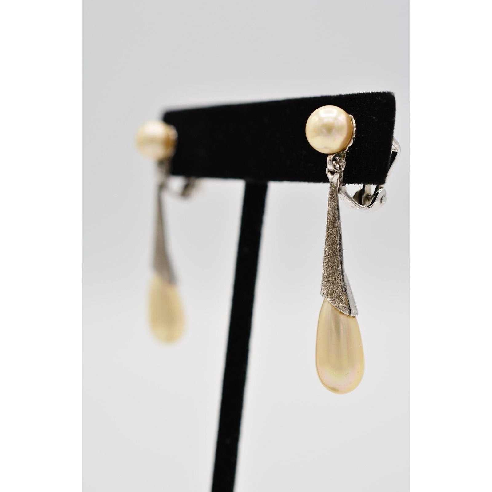 Vintage Dangle Earrings Silver Tone Faux Pearl Drop Textured Signed 1980s Bin7