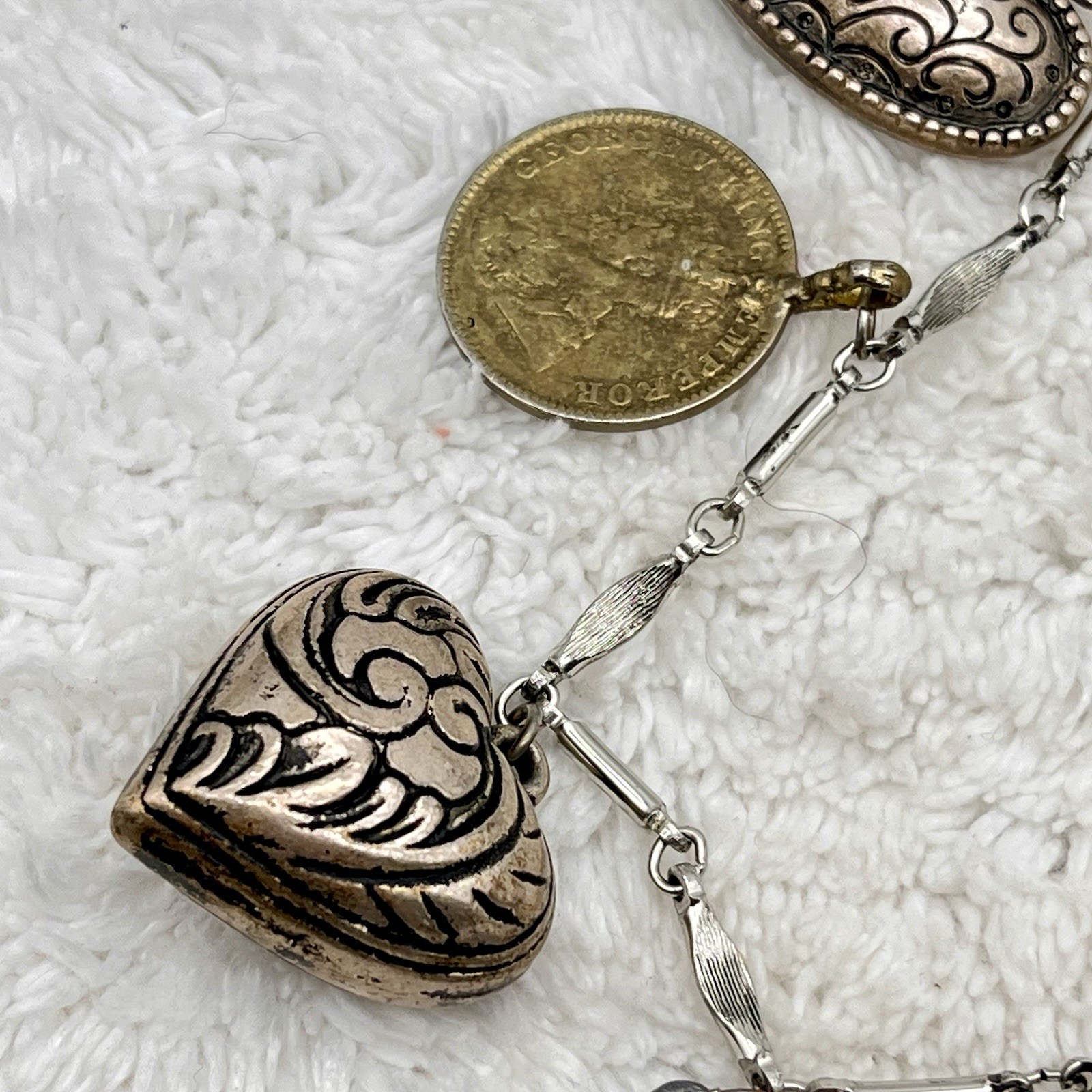 Vintage Puffy Heart Charm Necklace Silver Tone Bronze Tone 32″