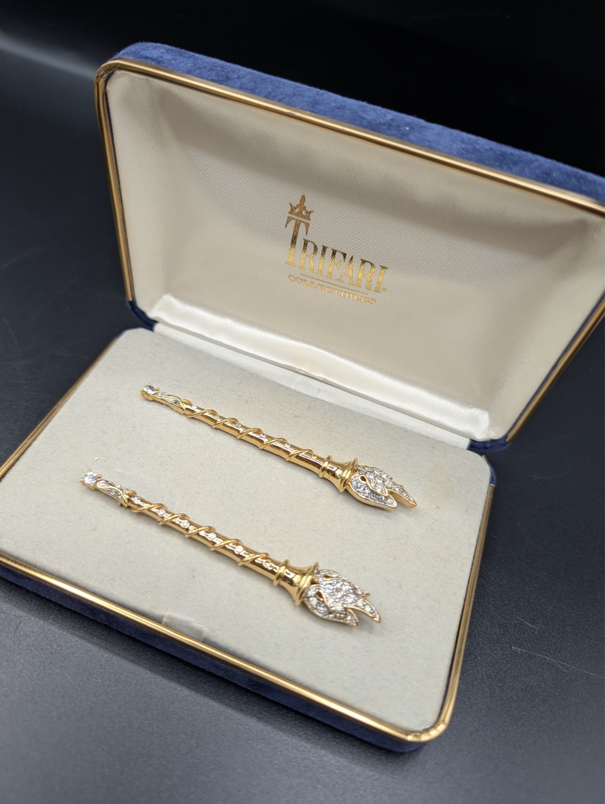 Vintage Trifari Collectibles Twin Torch Brooches Missing One Rhinestone