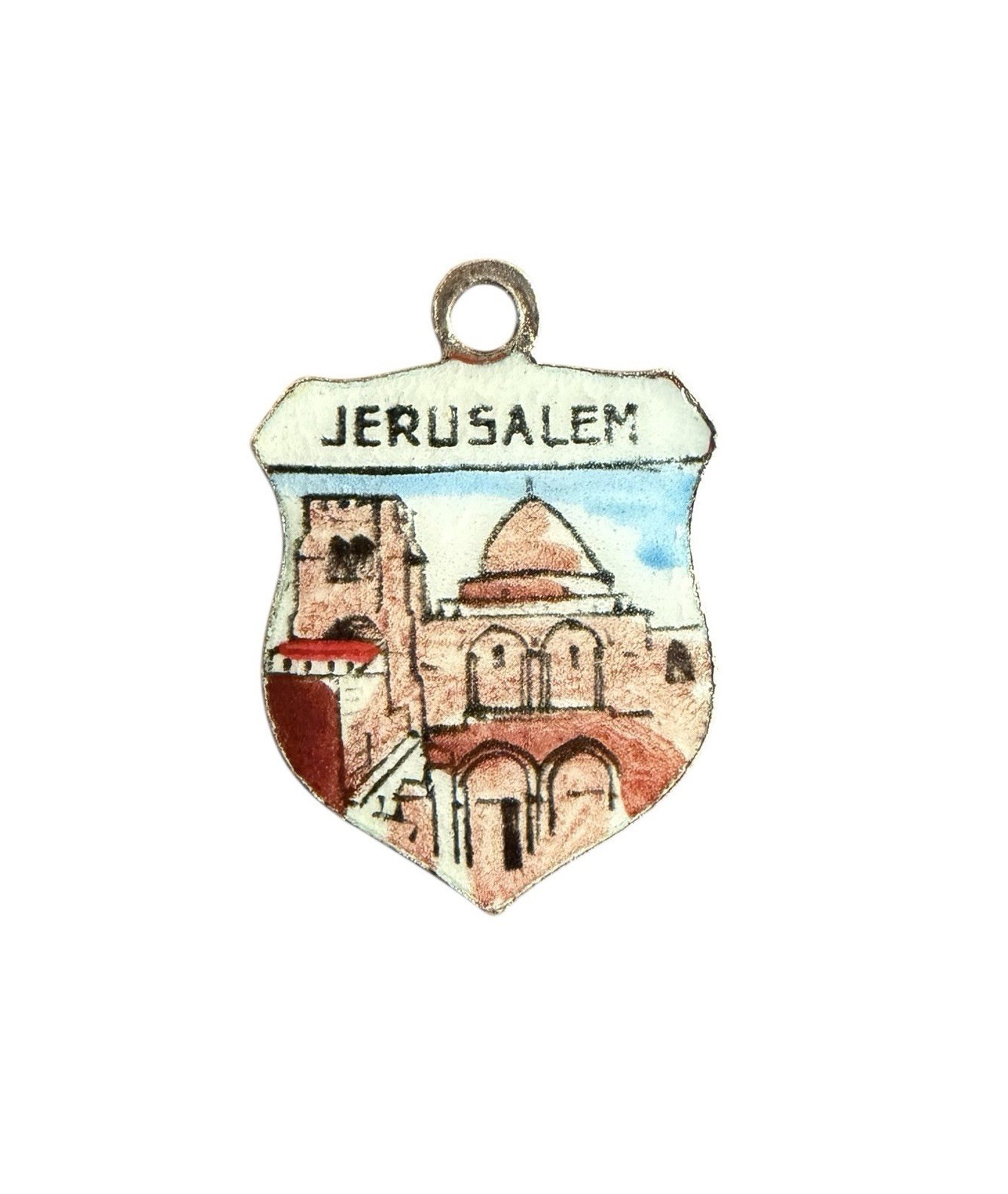 Vintage silver plated ISRAEL JERUSALEM CITY BUILDINGS TRAVEL SHIELD charm #1272