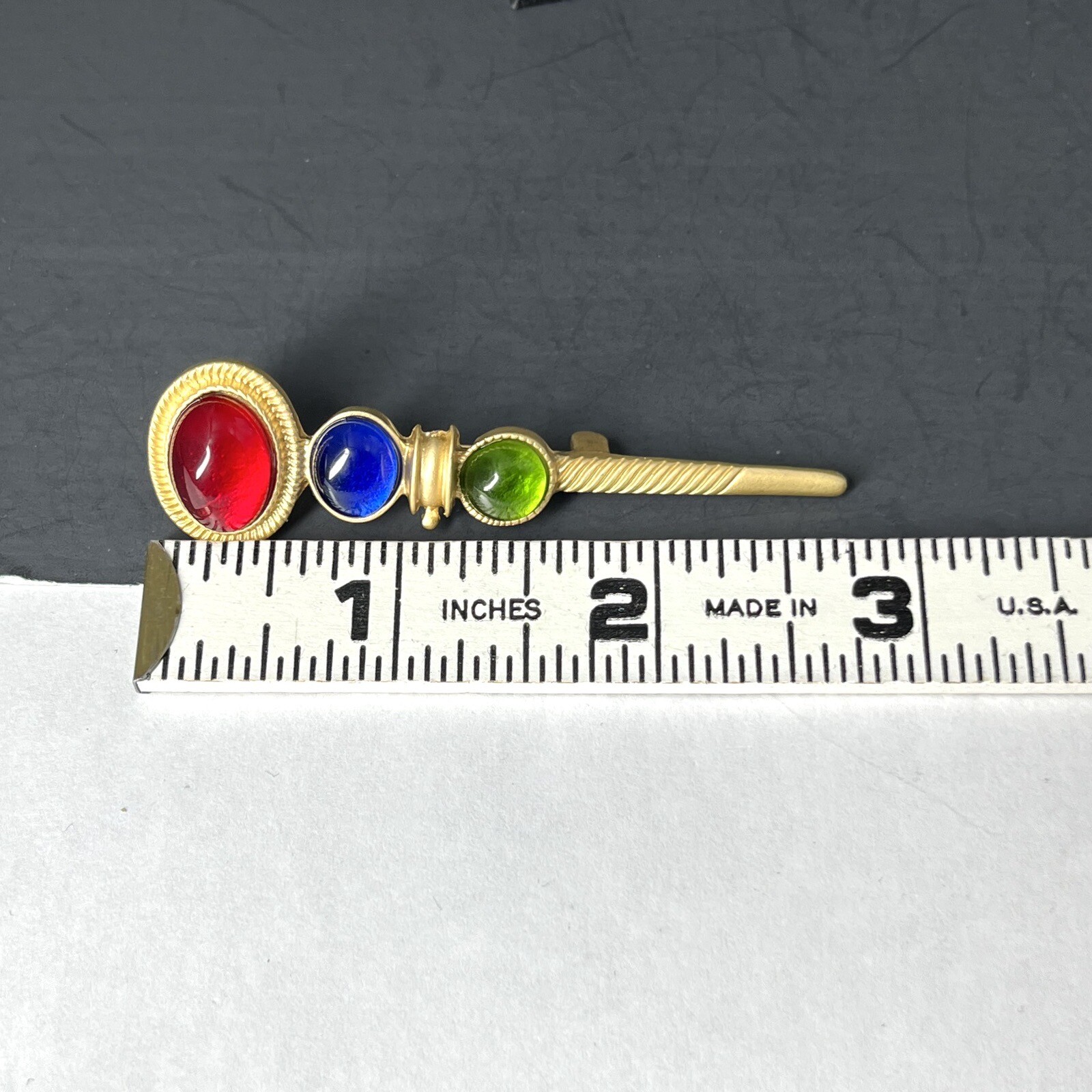 Gripoix Glass Cabochon Scarf Pin Brooch Gold Tone Red Blue Green Jabot Dagger