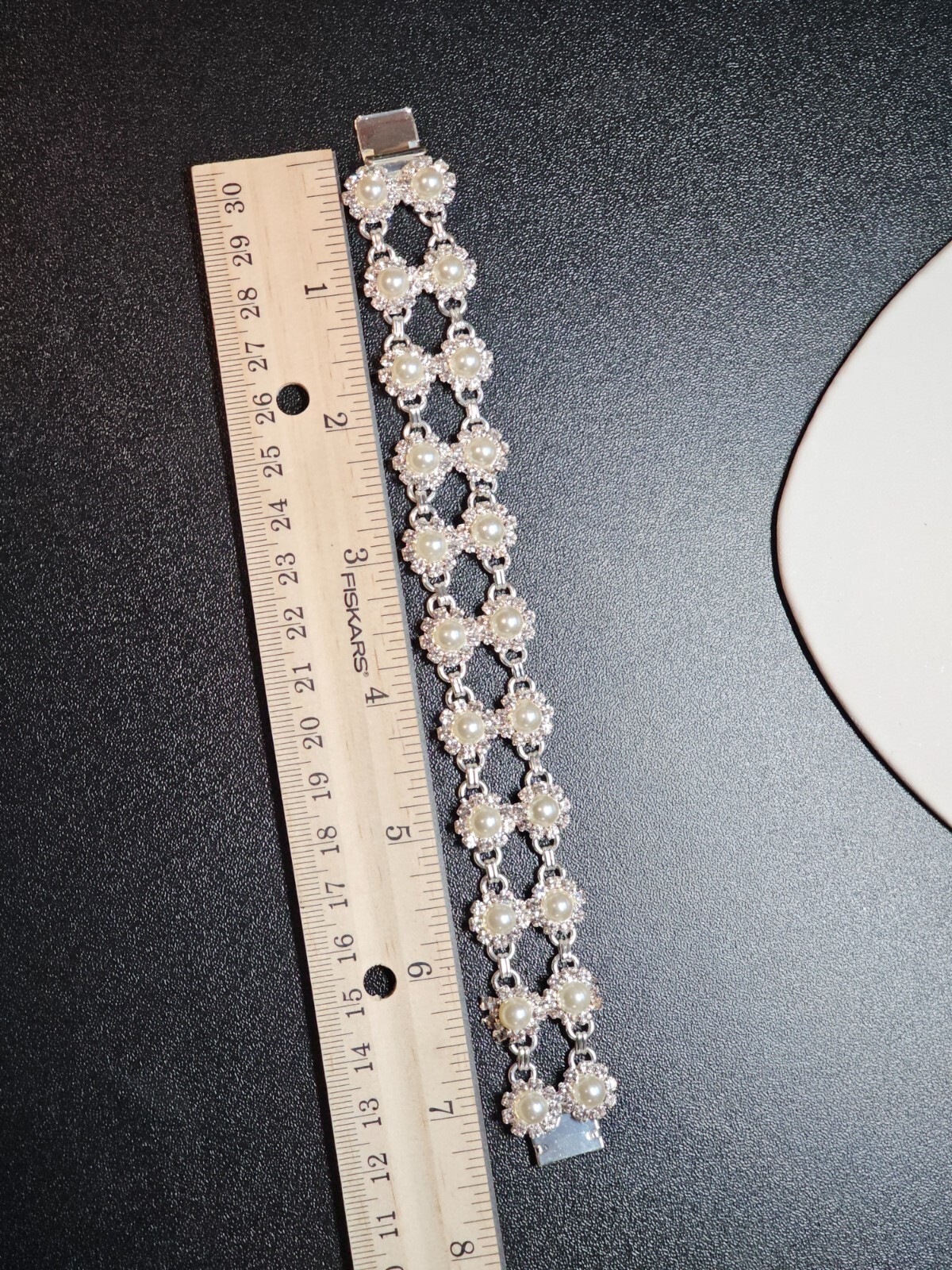 Vtg Faux Pearl Clear Glass Rhinestone Bracelet Great for Wedding!
