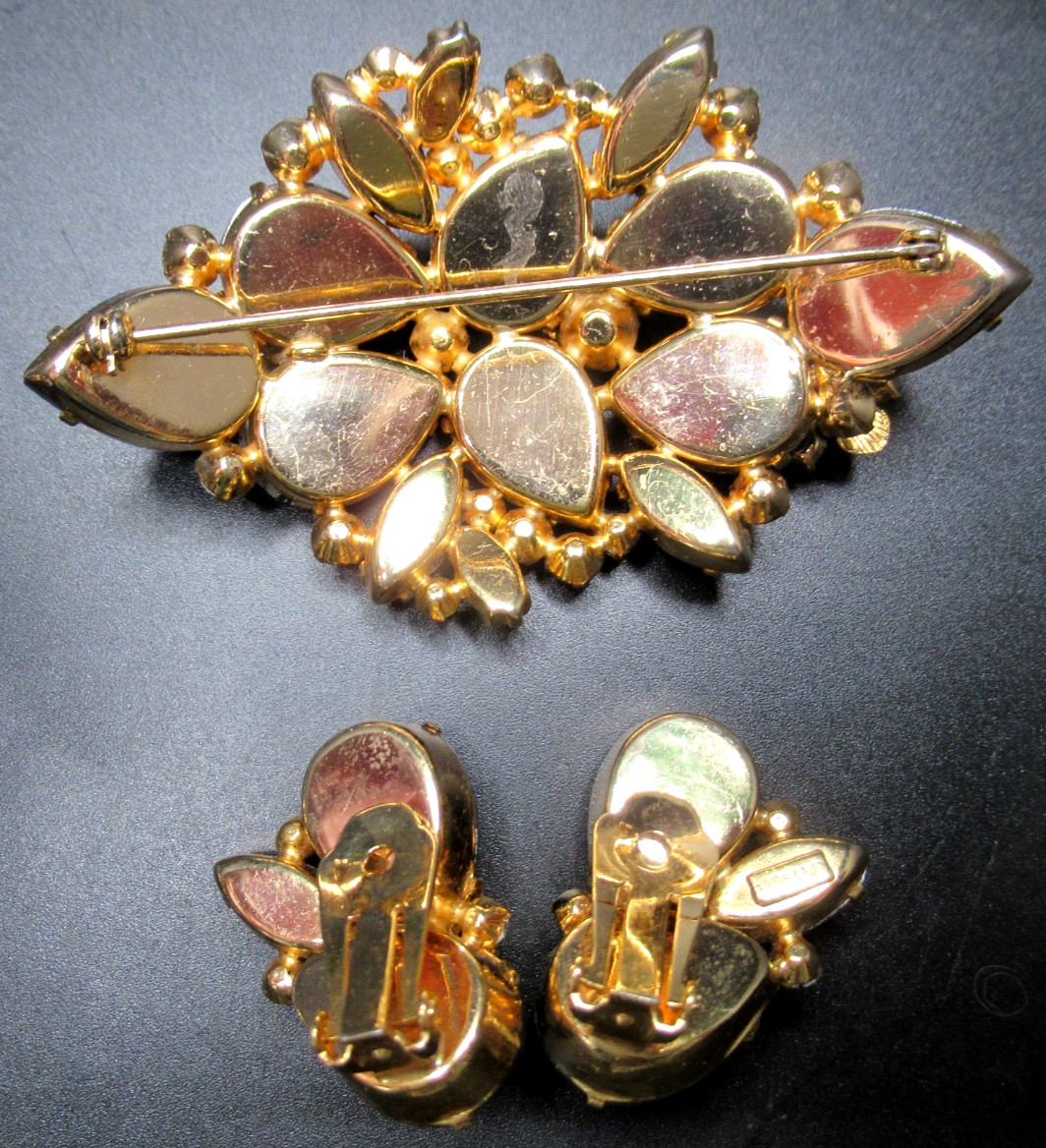 JOSANE Amazing Blue Rhinestone Flowers Vintage Bracelet Brooch Earring Set