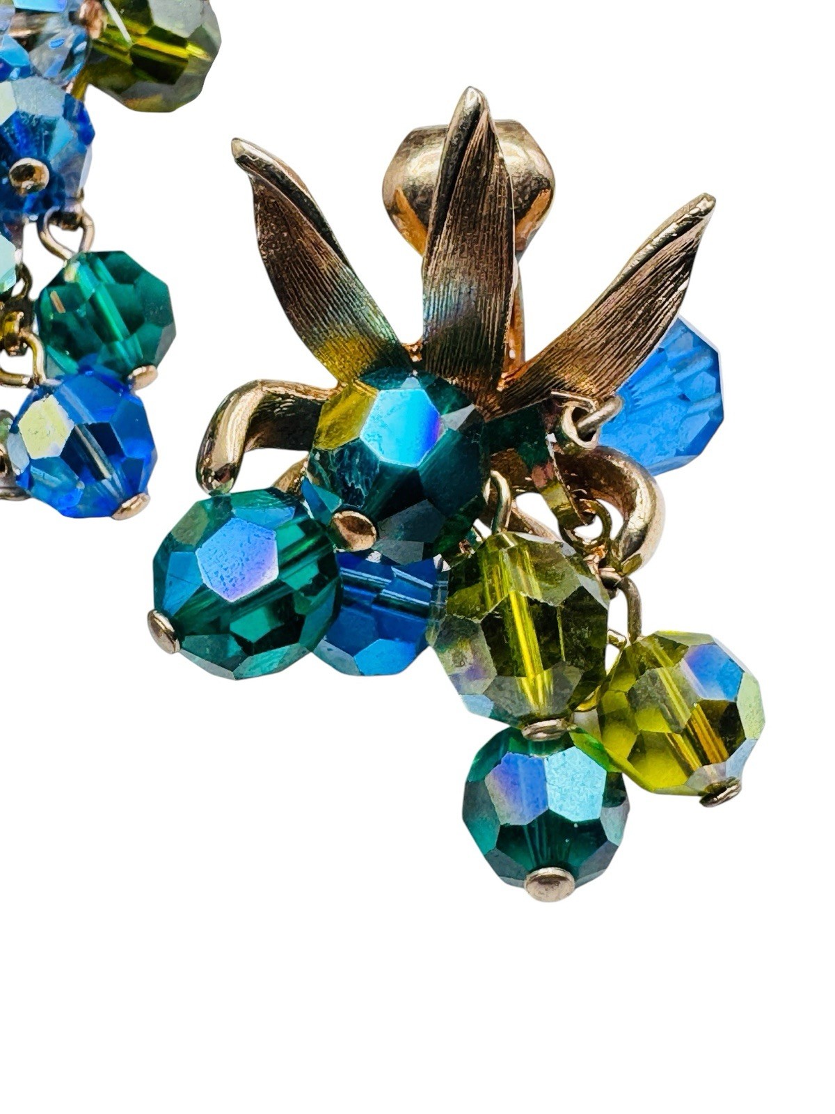 Vintage Schrager Blue Green AB Glass Dangle Bead Necklace Brooch Earrings Set