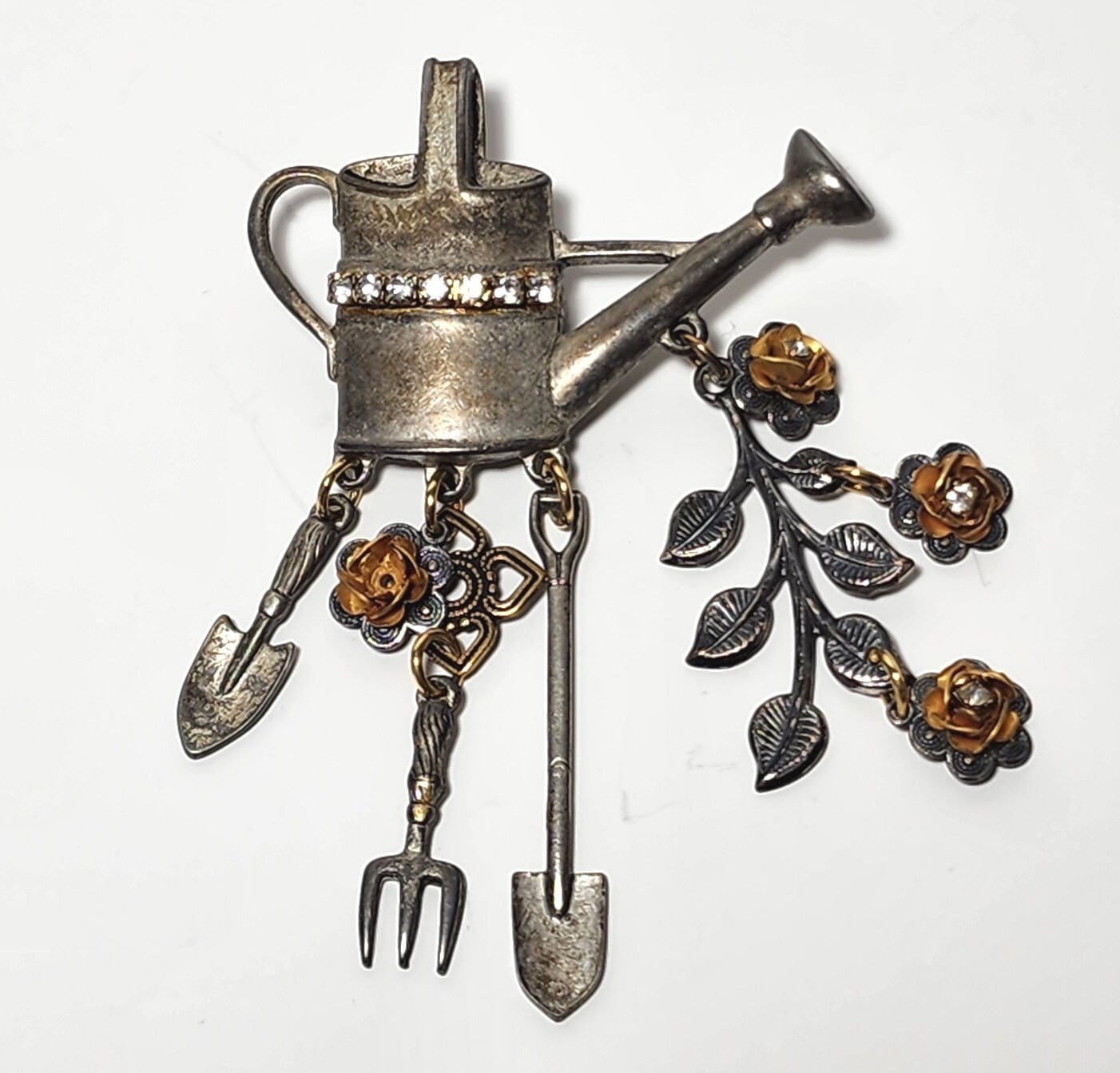 Vintage Jewelry Pewter Metal Garden Brooch Pin w Rhinestones & Gold Flowers