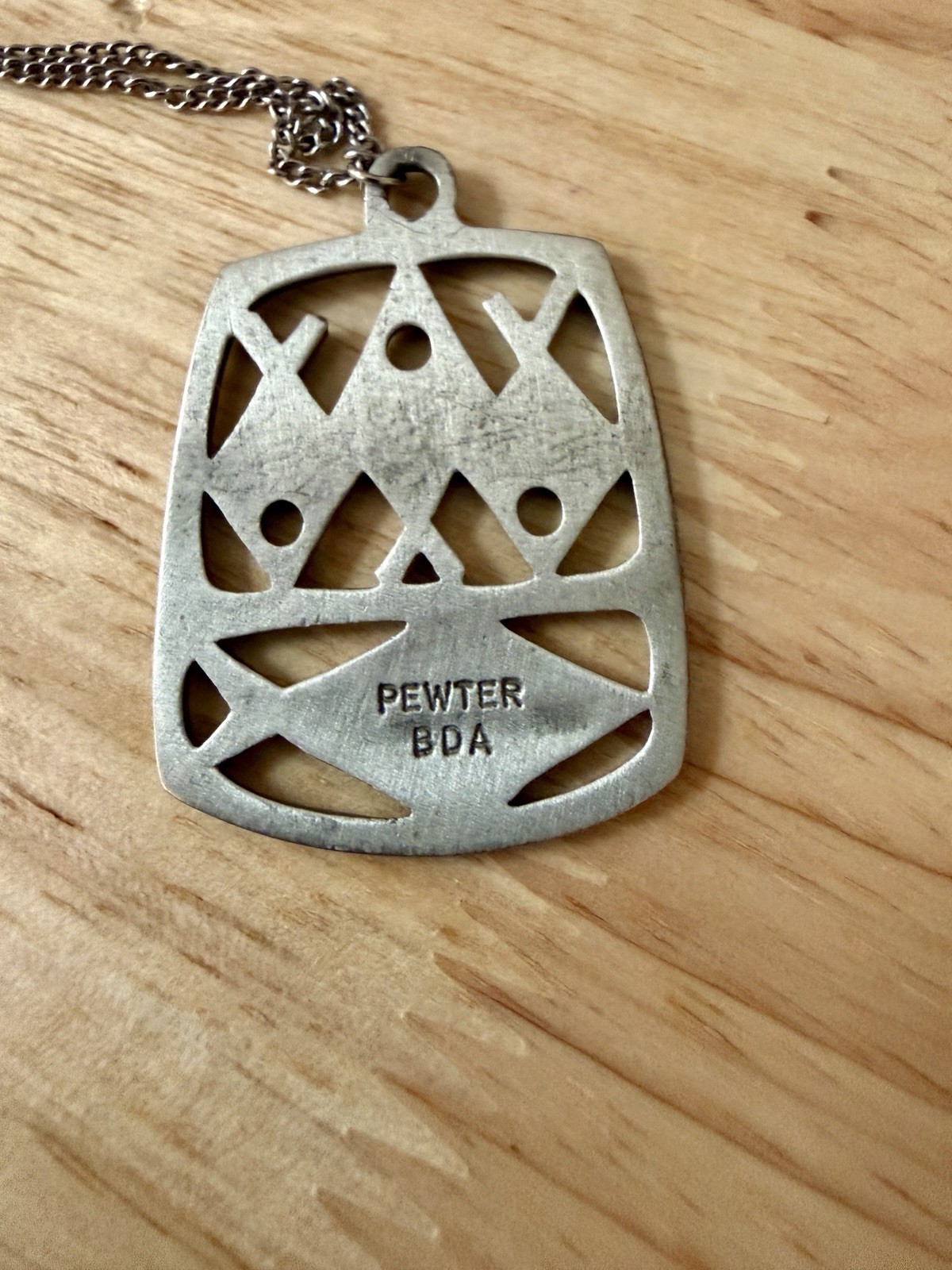 Pewter Signed BDA Modernist Fishes Jewelry Pendant & Chain MCM Abstract