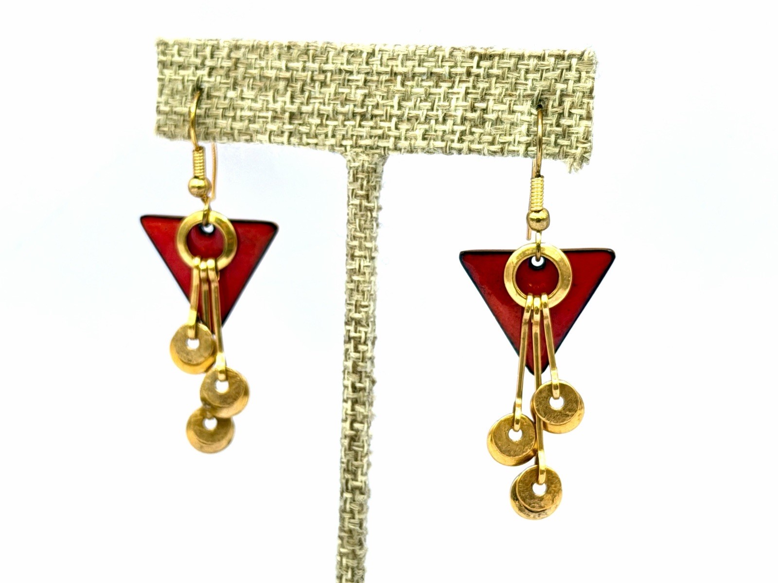 Vintage Artisan Geometric Open Circles Gold Red Triangle Earrings 1980s DbG M