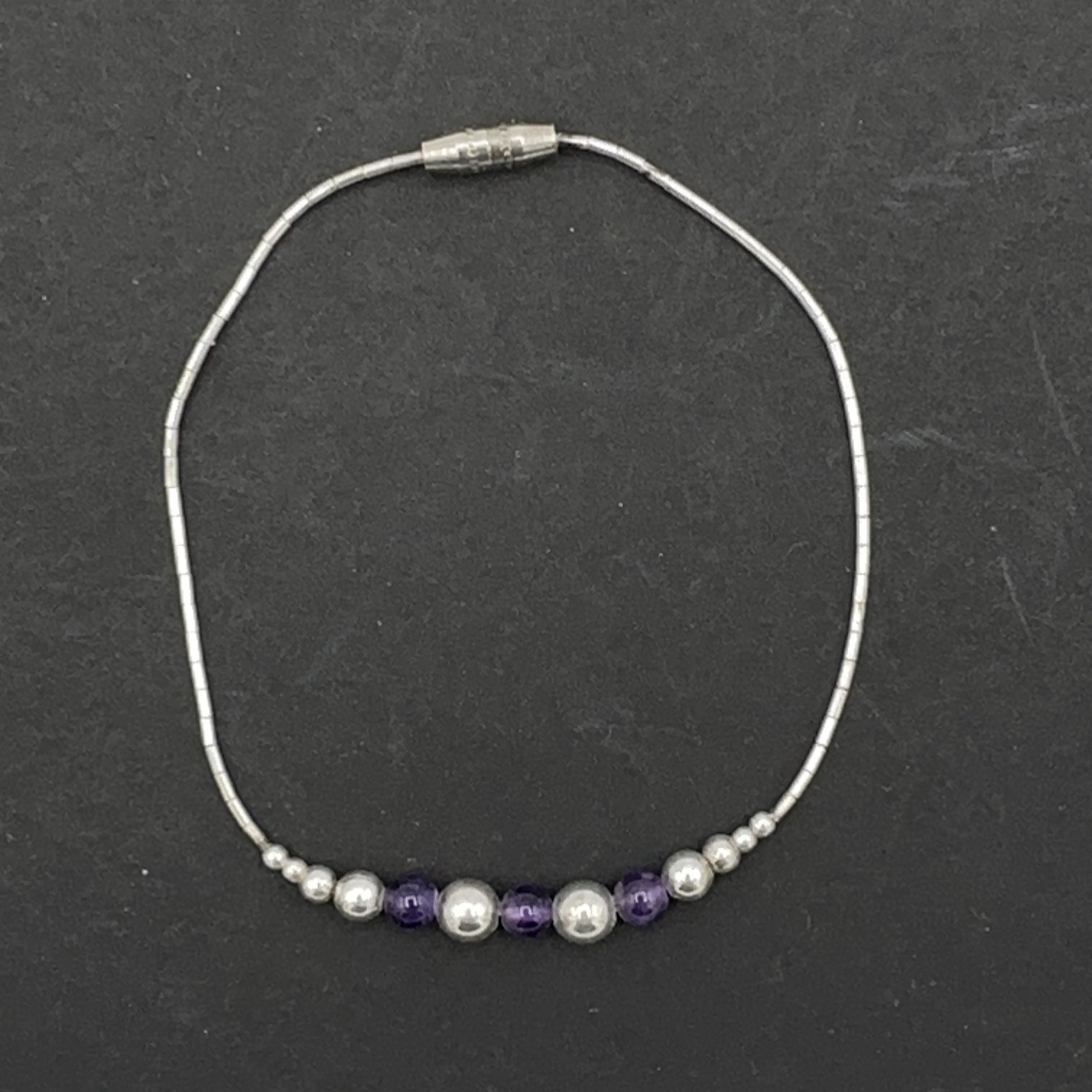 AMETHYST bead bracelet – sterling silver artisan-made liquid silver barrel clasp