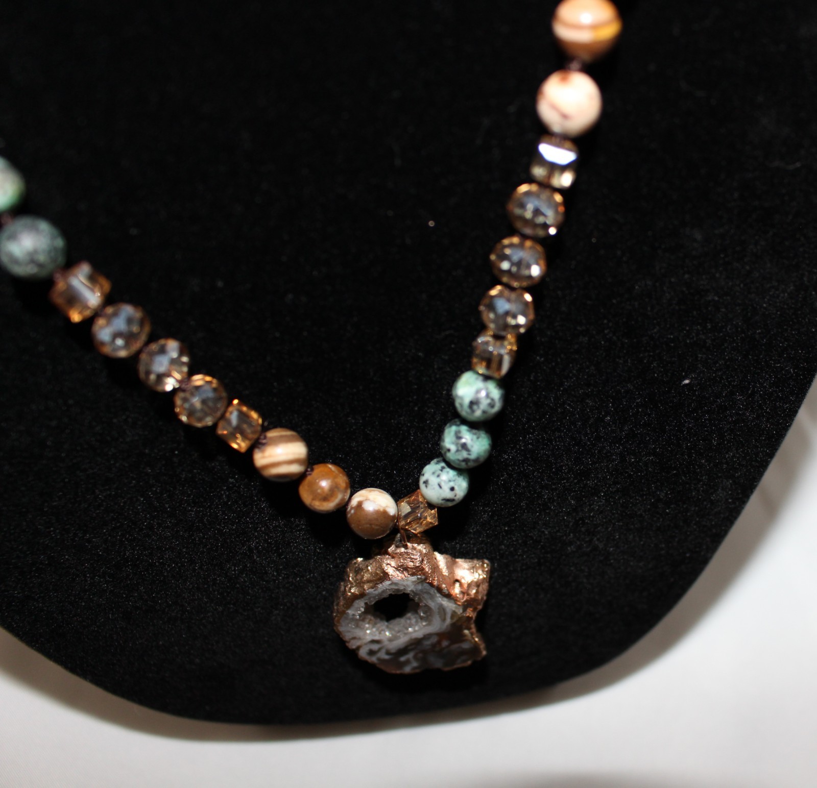 Estate Vintage Boho Necklace Crystal Druzy Brown Natural Stone Earthy Colors