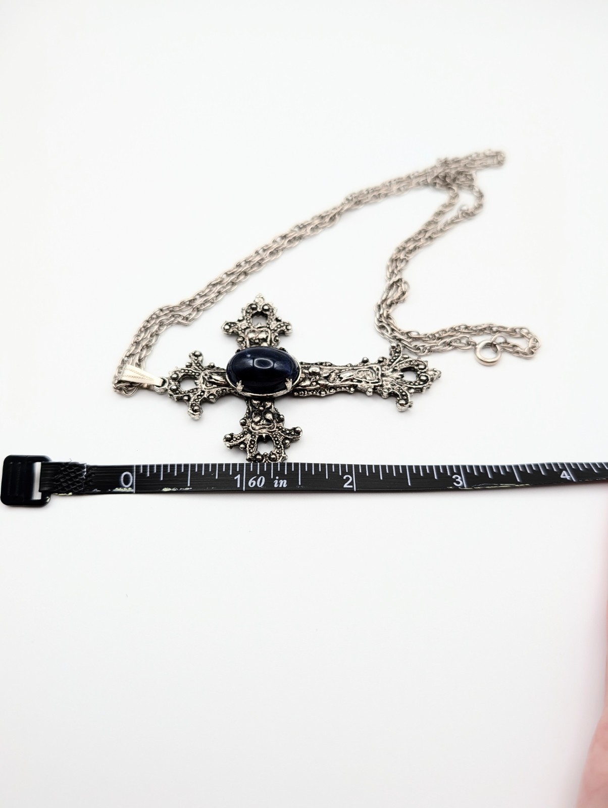 Vintage Ornate Cross Pendant Red Cabochon Gold Tone 12″ Chain Necklace Excellent