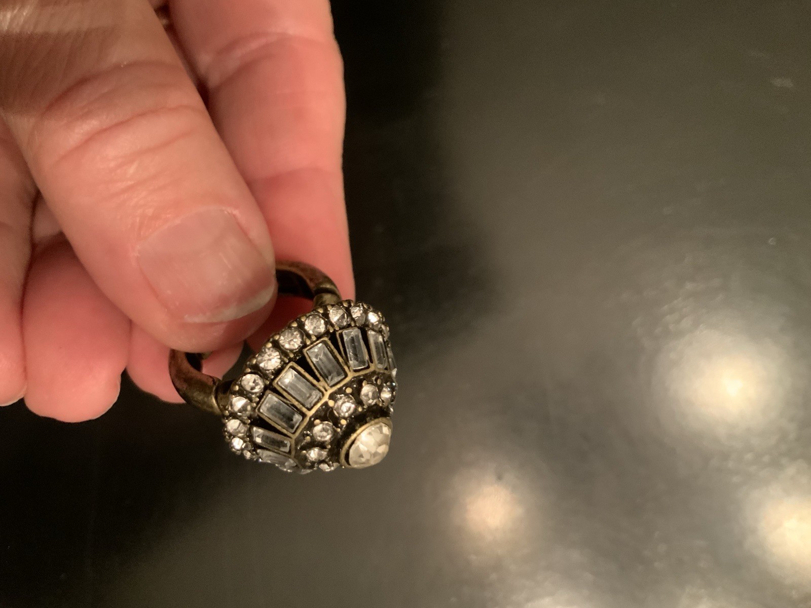 Gold Tone Rhinestone Dome Ring Stretch Tubular Band Fits Various Sizes Boho