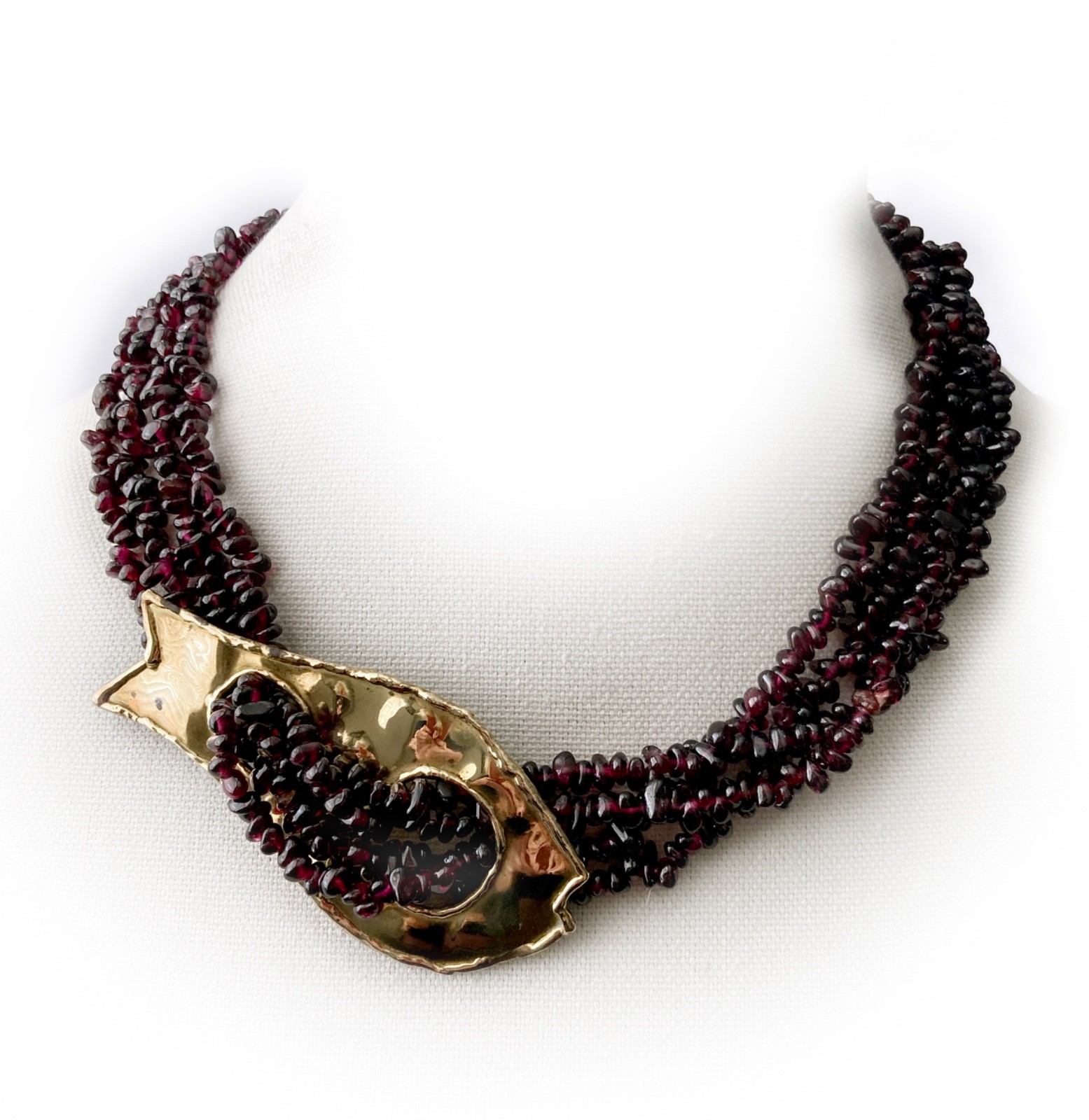 One-of-a-kind Natural Garnet Bead Necklace with Hammered Brass Fish Accent