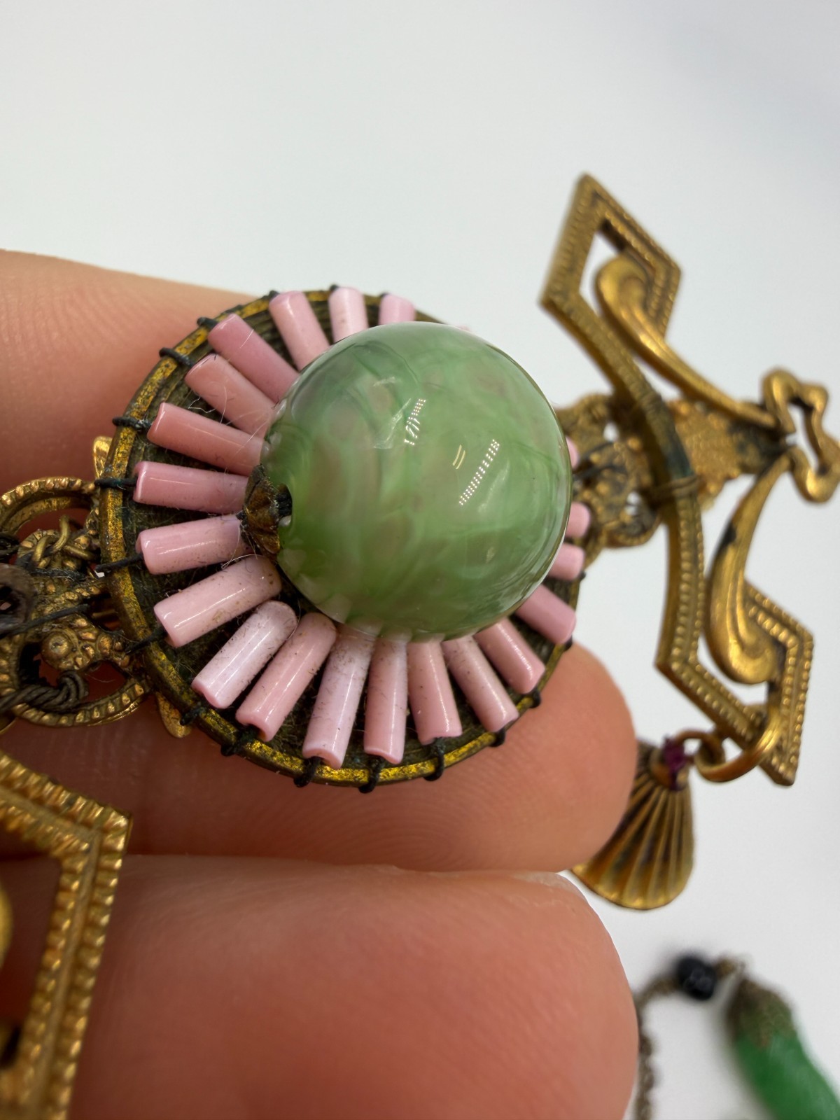 Vintage Brooch Miriam Haskell Brass Pink Green Glass Swag Festoon Signed PJ
