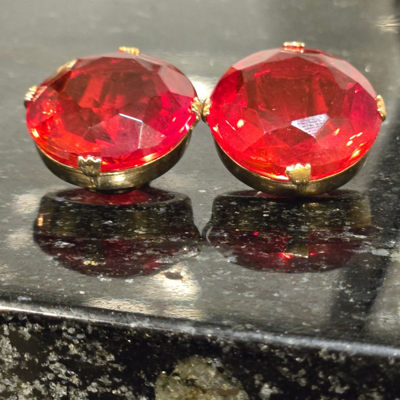 Vintage Red Faceted Glass Clip On Earrings Statement jewelry Glam Retro elegant